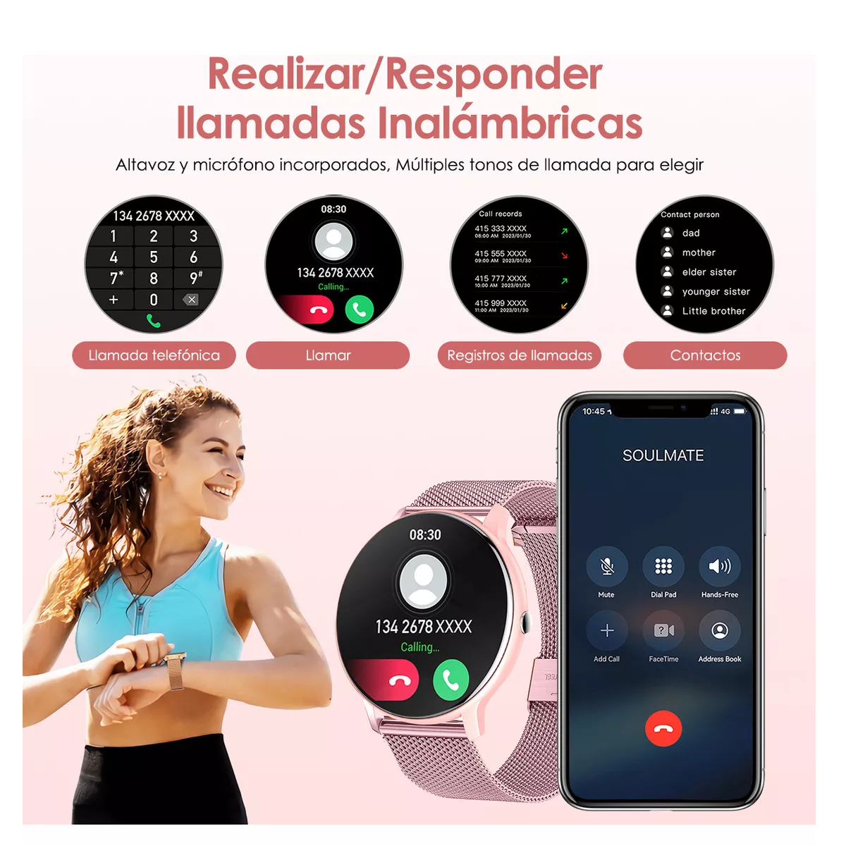 Smartwatch Para Mujer Anfei Reloj Inteligente Deportivo Rosa Claro Rosa Pálido