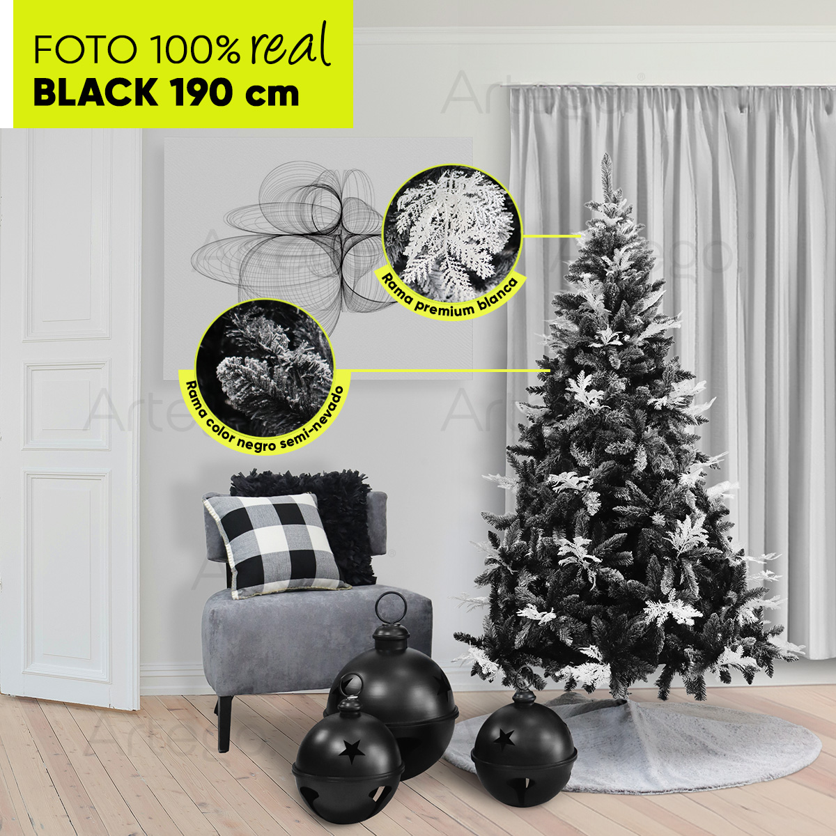 Árbol De Navidad semi Nevado Negro con ramas blancas Black Spruce Premium 190 Cm De Alto con maleta transportadora Artego