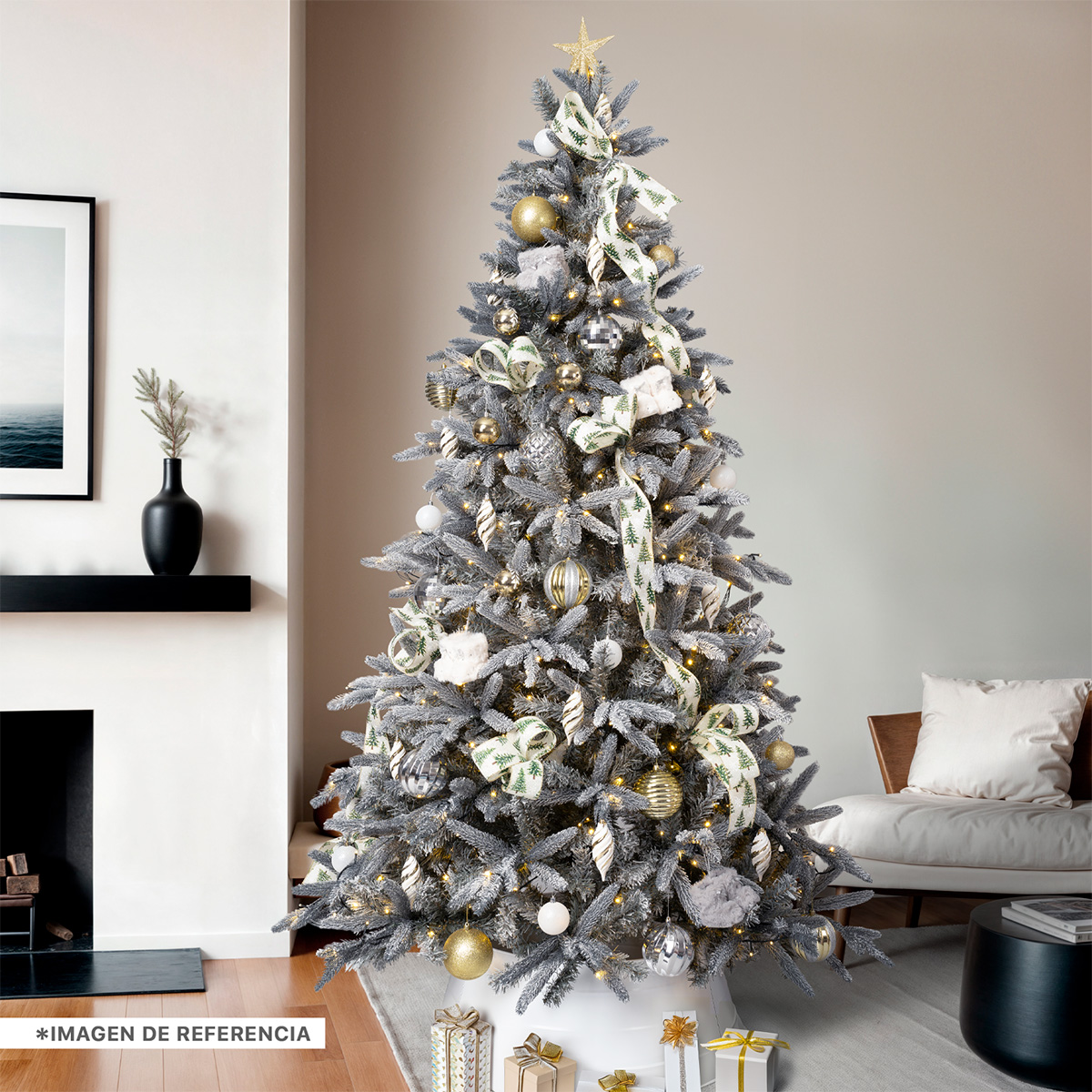 Árbol de Navidad Nevado Frondoso 2.2m. Pino Navideño con Nieve Artificial Gris para Esquimal