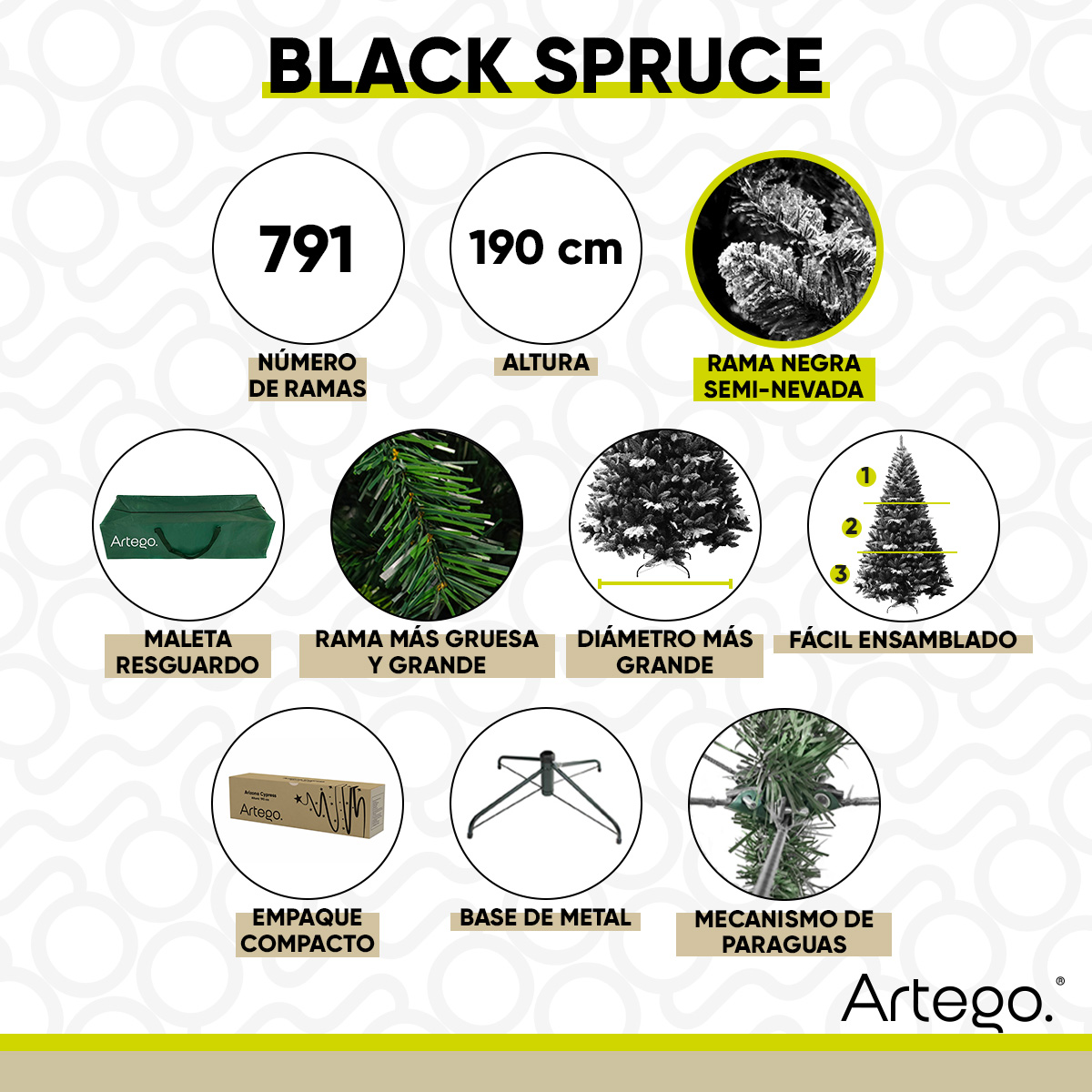 Árbol De Navidad semi Nevado Negro con ramas blancas Black Spruce Premium 190 Cm De Alto con maleta transportadora Artego