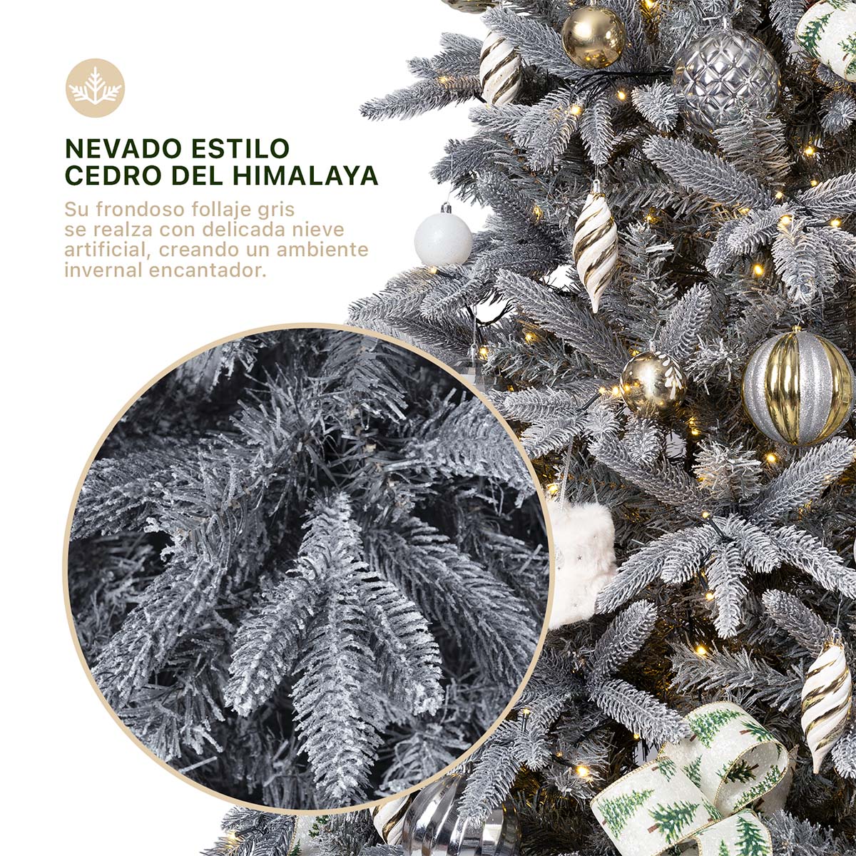 Árbol de Navidad Nevado Frondoso 2.2m. Pino Navideño con Nieve Artificial Gris para Esquimal