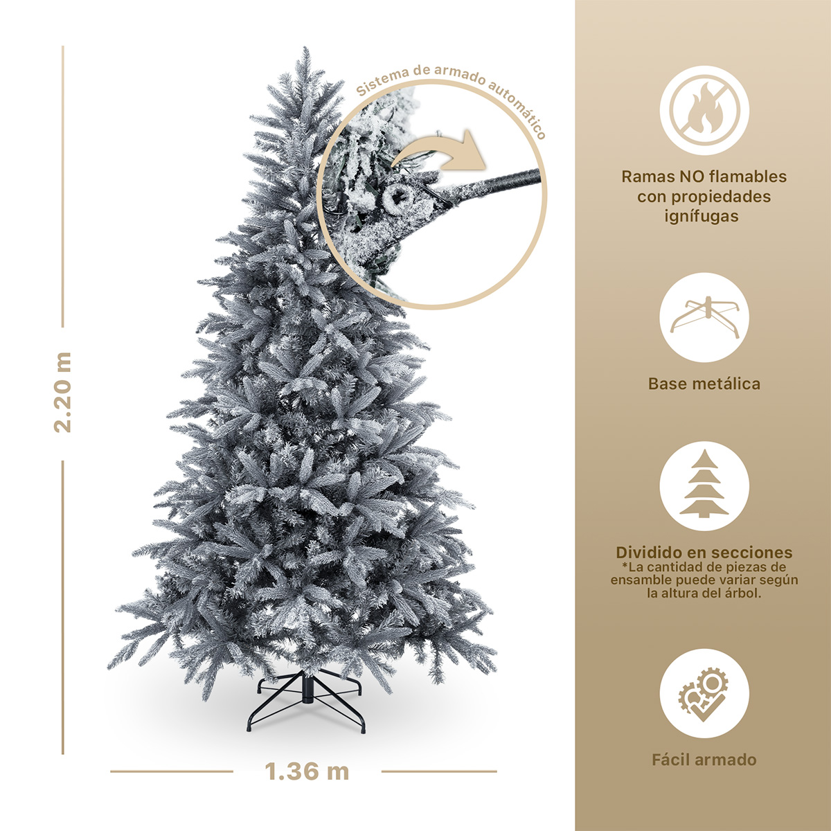 Árbol de Navidad Nevado Frondoso 2.2m. Pino Navideño con Nieve Artificial Gris para Esquimal