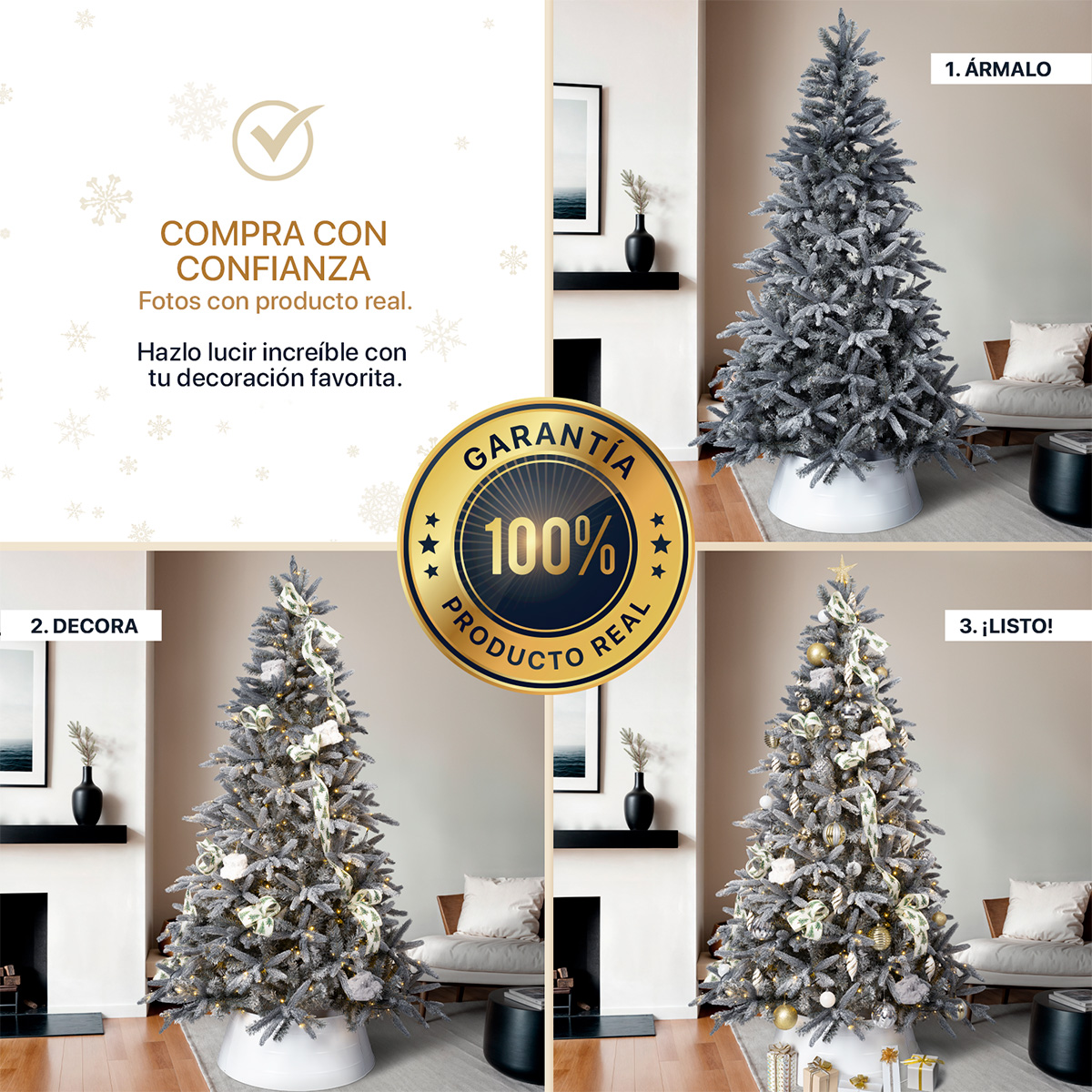 Árbol de Navidad Nevado Frondoso 2.2m. Pino Navideño con Nieve Artificial Gris para Esquimal