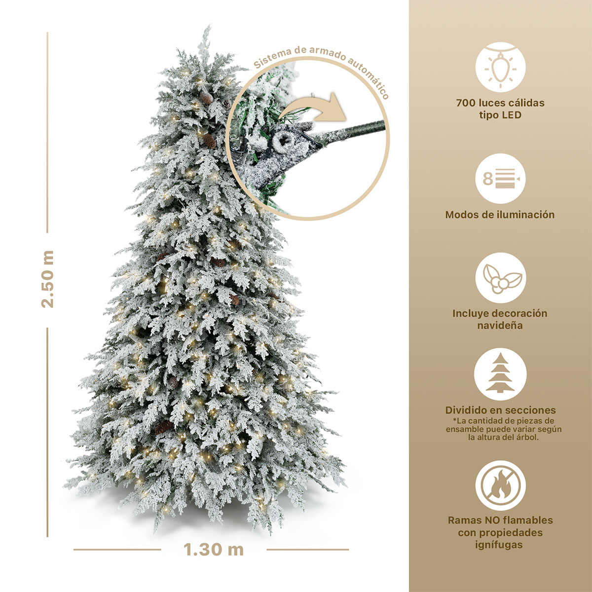 Árbol de Navidad con Luz LED y Piñas Nevado 2.5m. Pino Navideño con Nieve Preiluminado Verde para ESQUIMAL