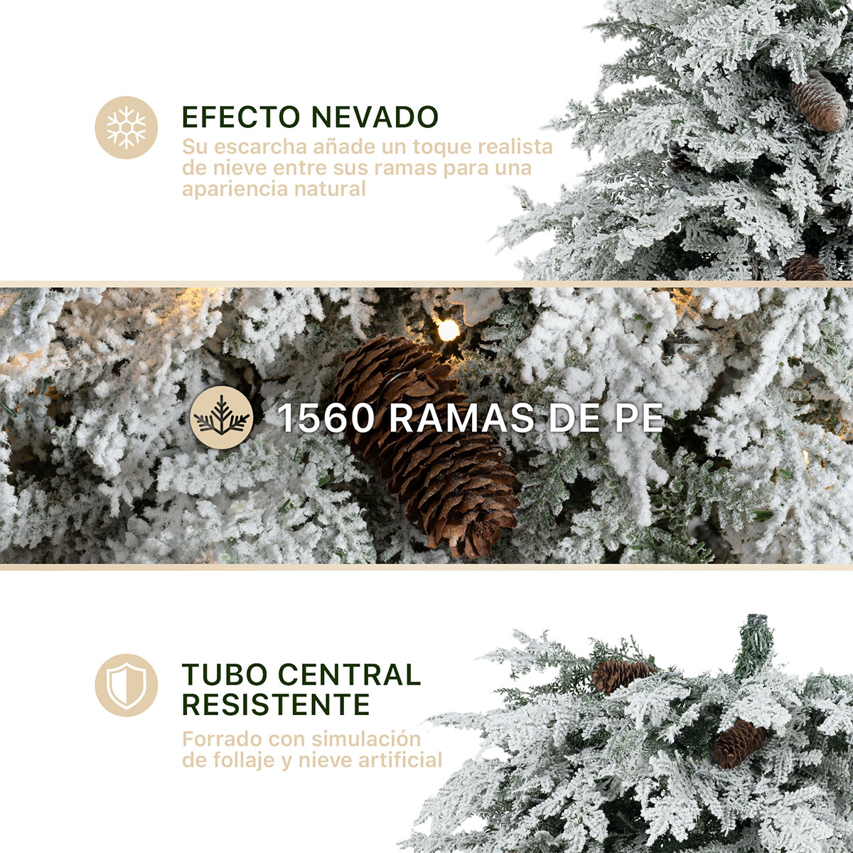 Árbol de Navidad con Luz LED y Piñas Nevado 2.5m. Pino Navideño con Nieve Preiluminado Verde para ESQUIMAL
