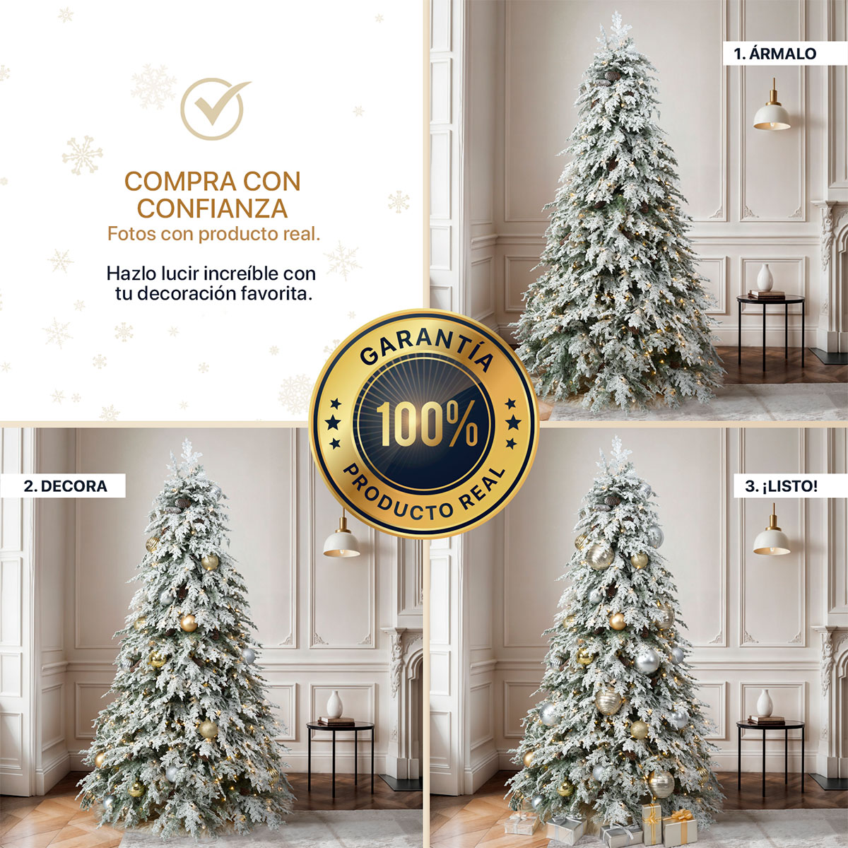 Árbol de Navidad con Luz LED y Piñas Nevado 2.5m. Pino Navideño con Nieve Preiluminado Verde para ESQUIMAL