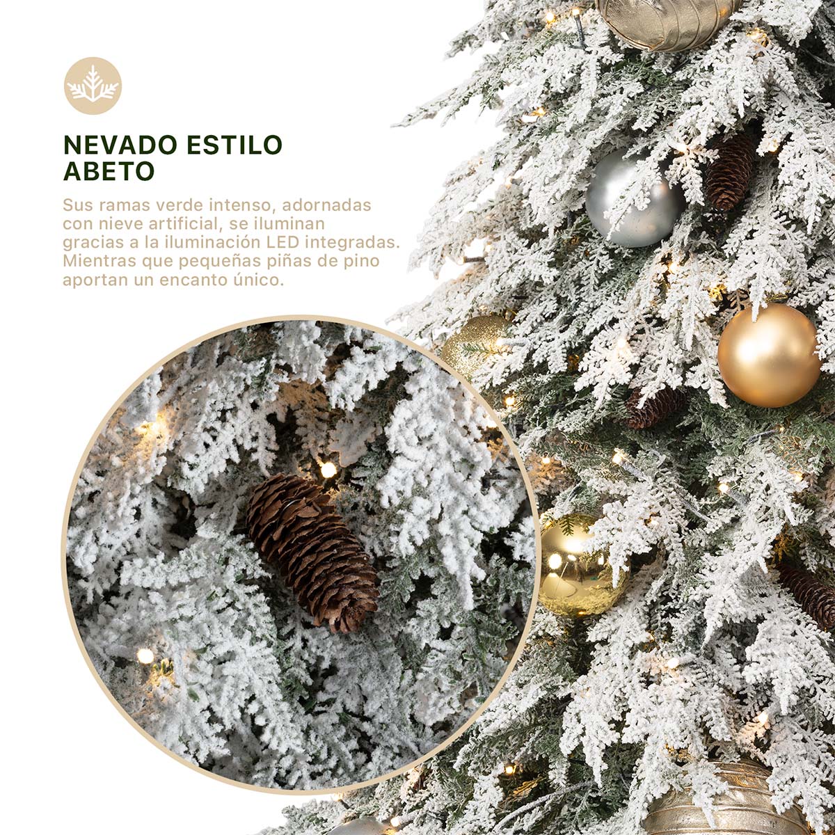 Árbol de Navidad con Luz LED y Piñas Nevado 2.5m. Pino Navideño con Nieve Preiluminado Verde para ESQUIMAL