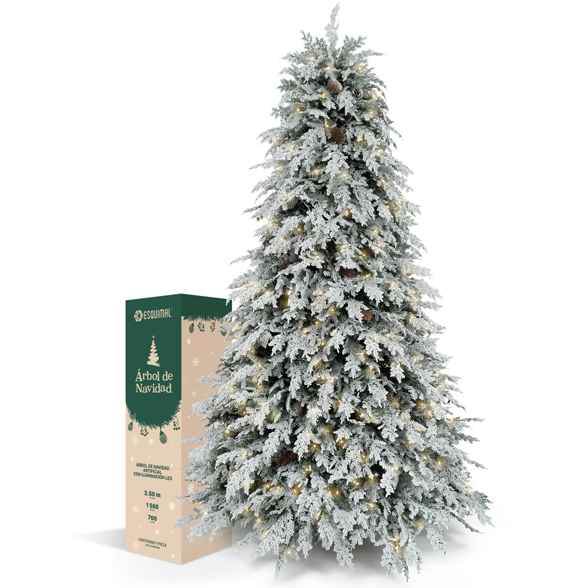 Árbol de Navidad con Luz LED y Piñas Nevado 2.5m. Pino Navideño con Nieve Preiluminado Verde para ESQUIMAL