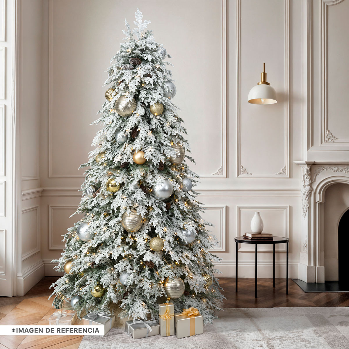 Árbol de Navidad con Luz LED y Piñas Nevado 2.5m. Pino Navideño con Nieve Preiluminado Verde para ESQUIMAL