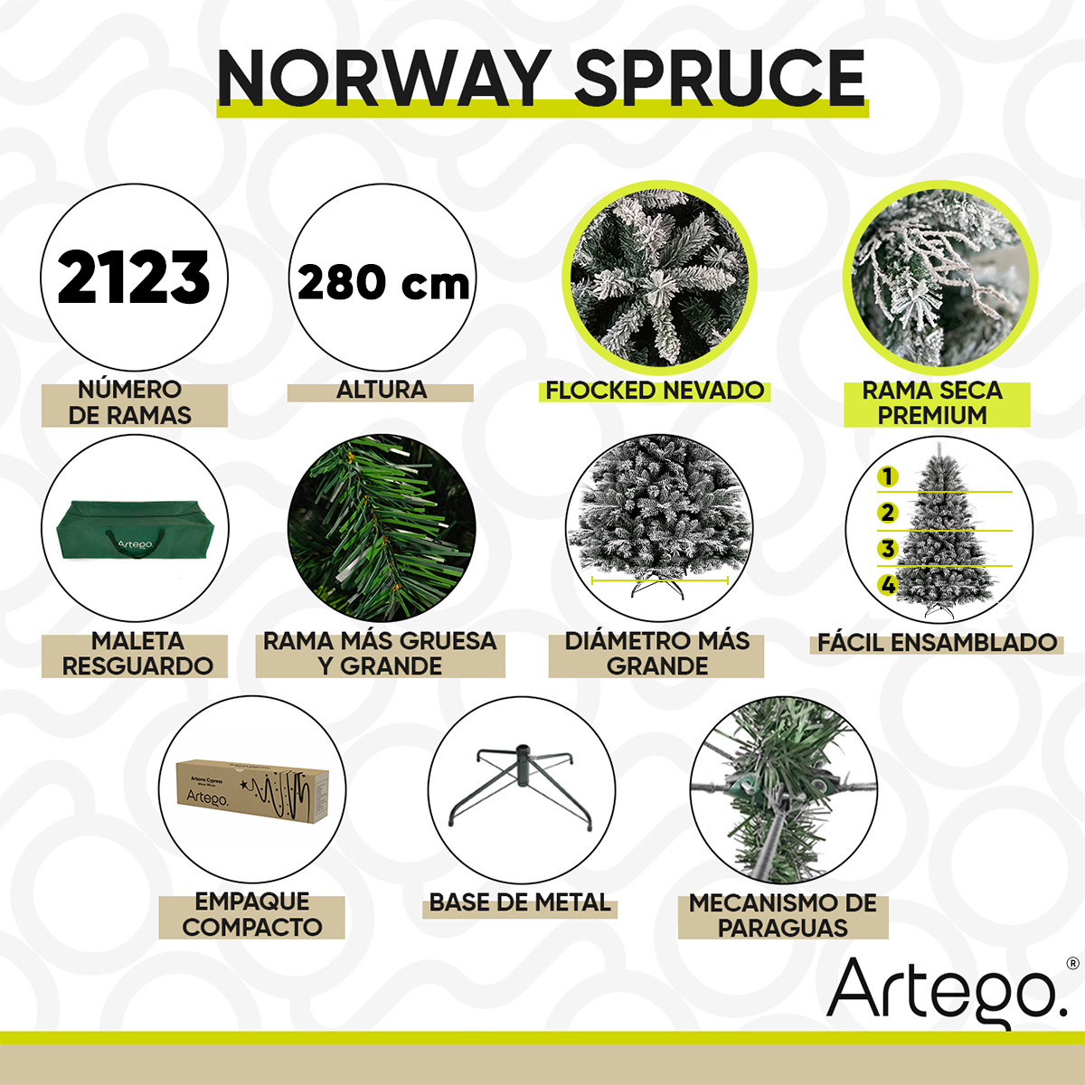Árbol de Navidad Nevado Premium *Ramas Secas* Norway Spruce  Maleta Christmas Tree 2.8m Decoración navideña Flocked Snow Artego