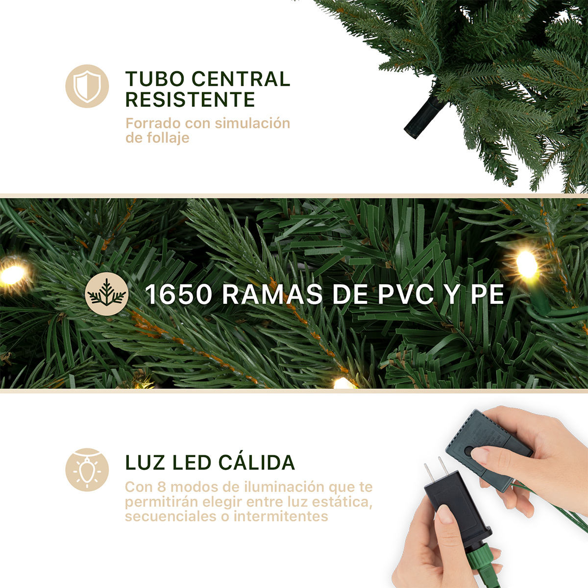 Árbol de Navidad con Luz LED 2.5m. Pino Navideño 1650 Ramas Preiluminado - Verde para ESQUIMAL