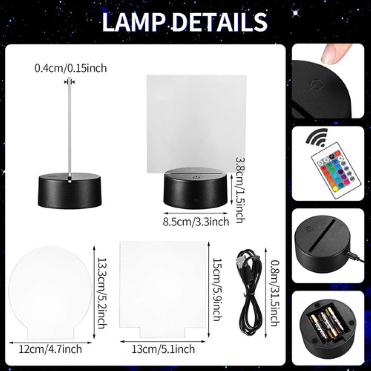 Base De Lámpara Led 3d De 4 Piezas Con Remoto Acrílico, negro/transparente
