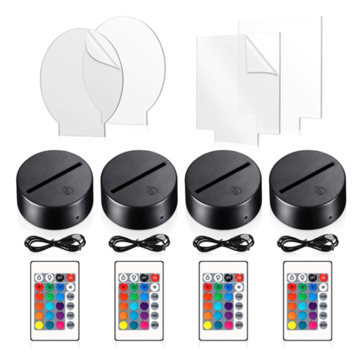 Base De Lámpara Led 3d De 4 Piezas Con Remoto Acrílico, negro/transparente