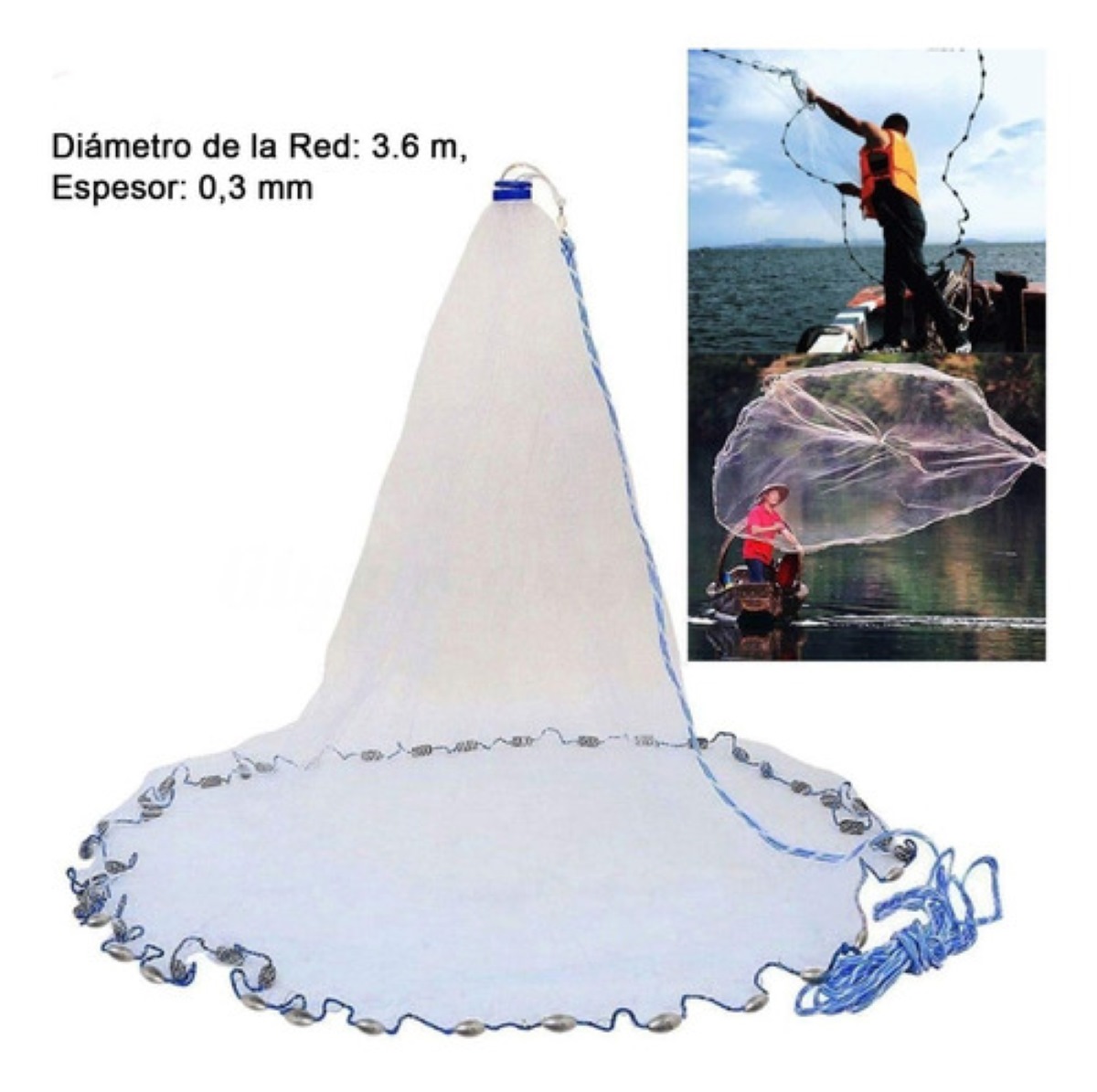 Red De Pesca De Agua Salada, Abre 3.60m, Atarraya Camaronera blanco