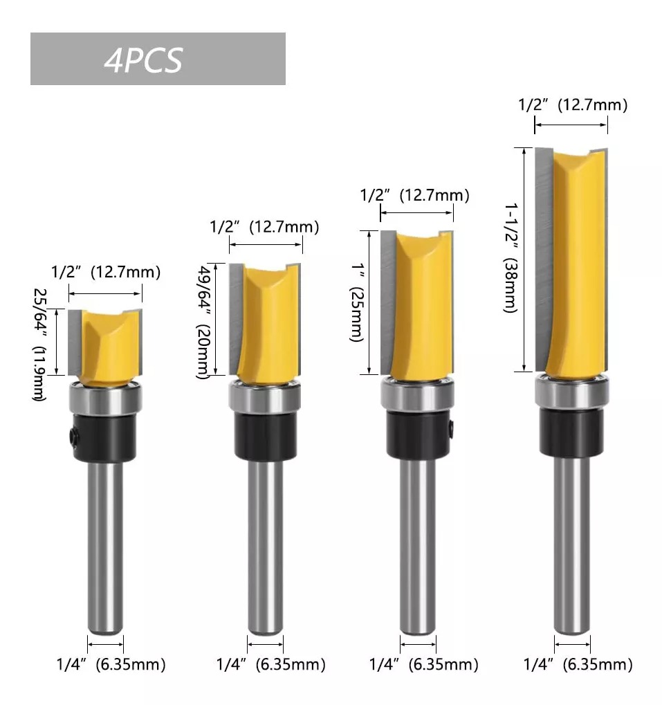 Brocas Rectas Perfiladoras Con Balero Atrás Para Router 4pcs