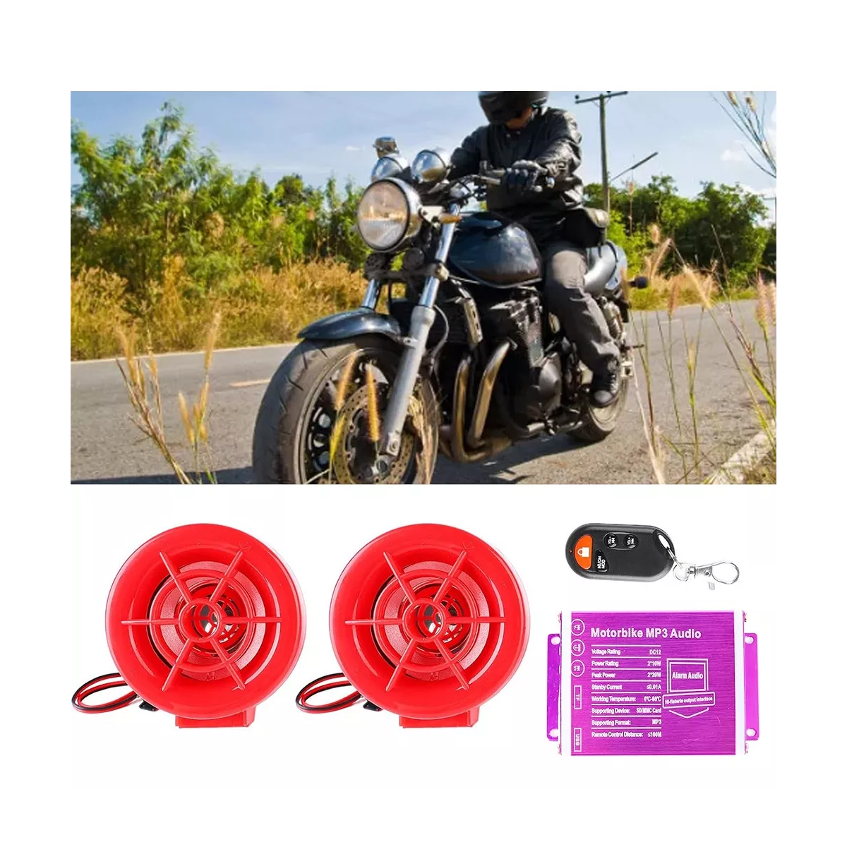 Bocina Alarma Moto Estereo A Prueba De Agua Usb/tarjeta Tf Rojo