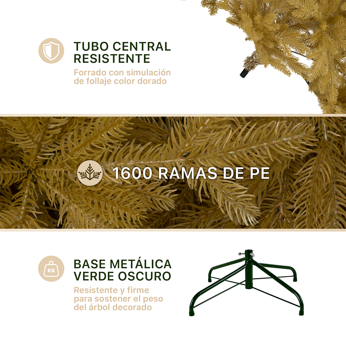 Árbol de Navidad Dorado Pino Navideño 2.5m 1600 Ramas - Dorado para ESQUIMAL