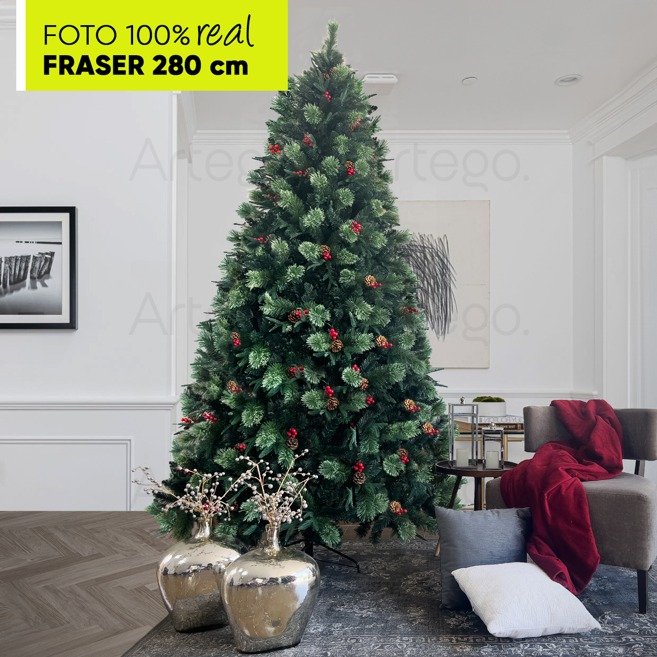 Árbol de Navidad Premium 2.80m Fraser Fir Artego Frondoso con 3100 Ramas Pino Artificial Navideño Maleta