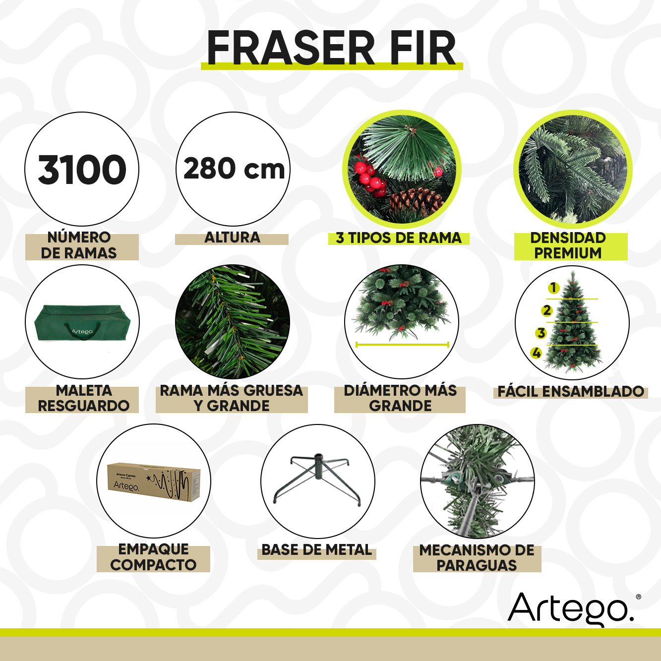 Árbol de Navidad Premium 2.80m Fraser Fir Artego Frondoso con 3100 Ramas Pino Artificial Navideño Maleta