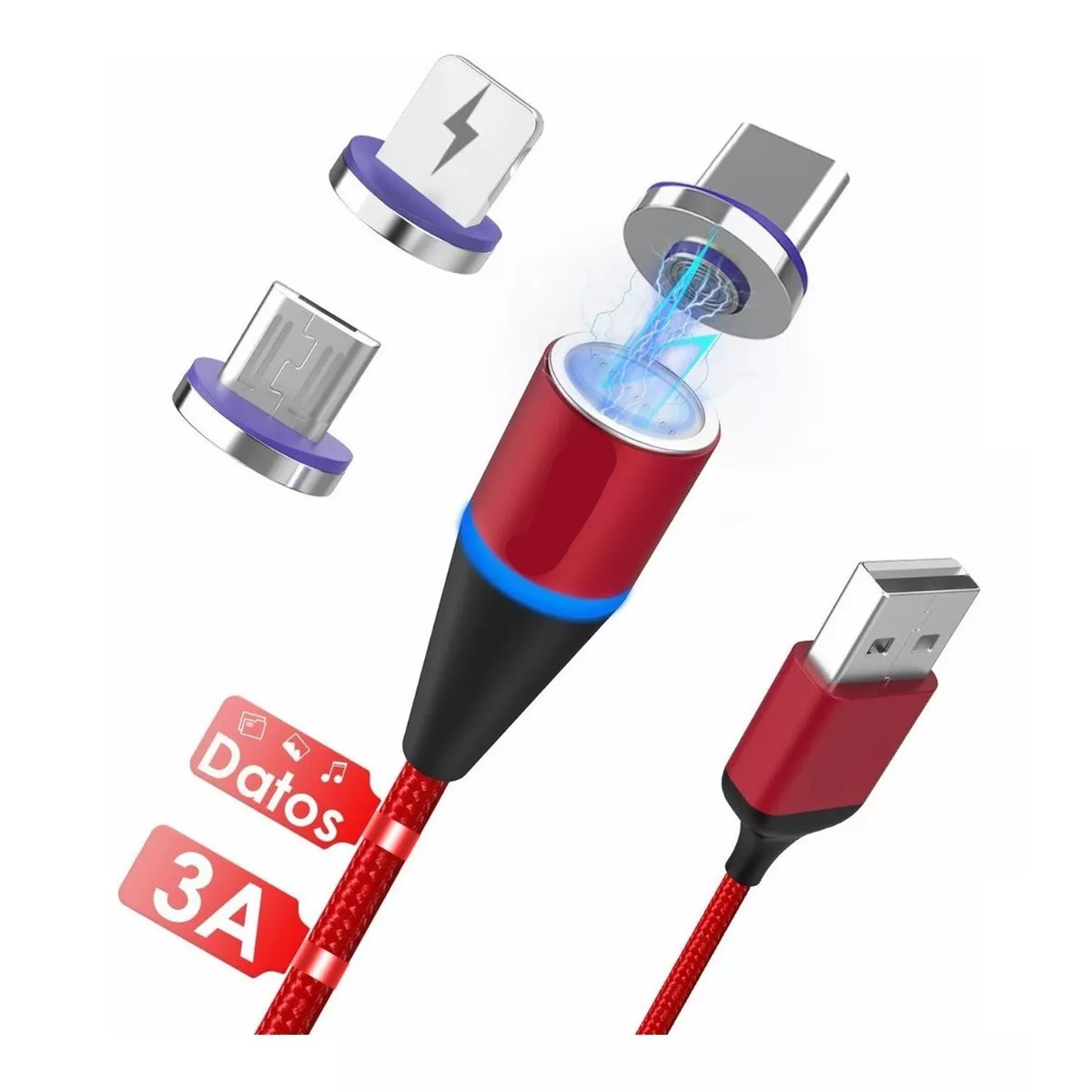 Cable Magnético Iman 3en1 Carga Rápida Usb V8 Ip Tipoc Rojo