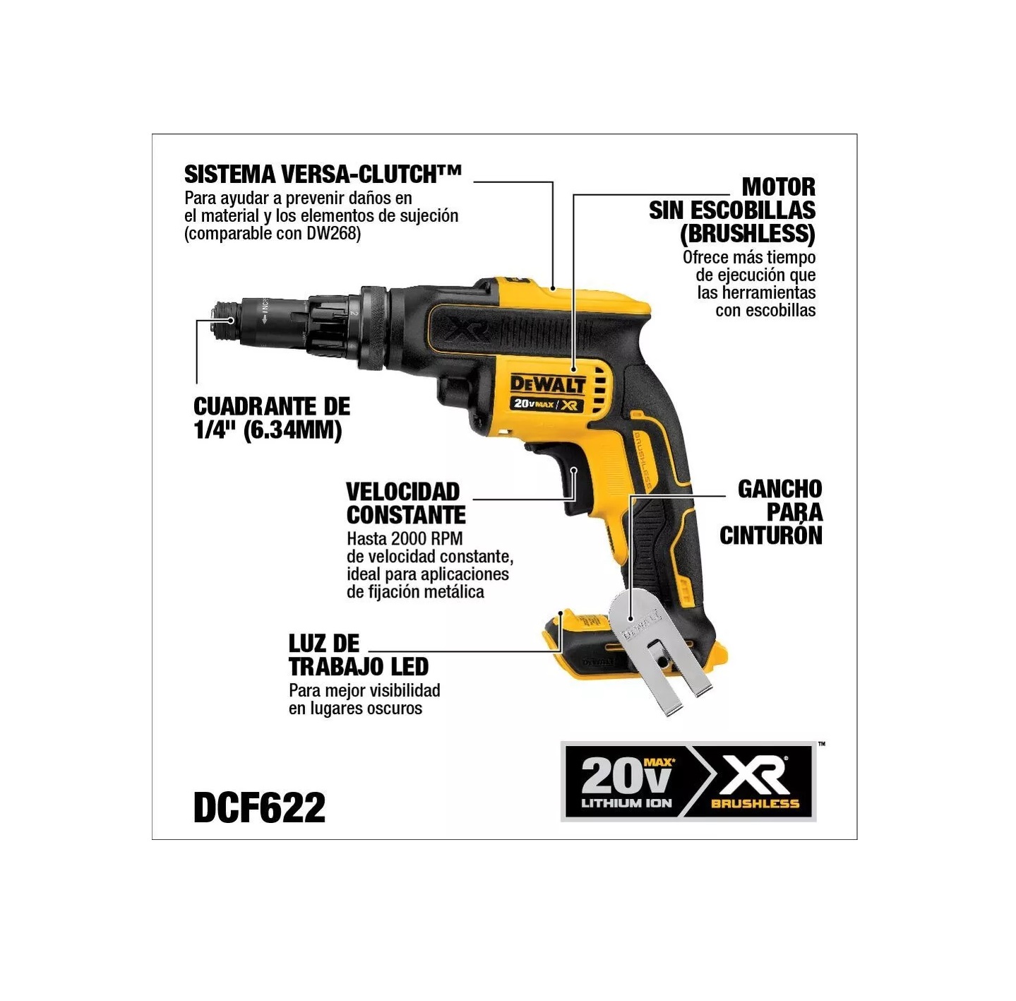 Pistola Para Clavos Para Tablaroca Panel Yeso Con Torsión Ajustable Versa-Clutch Dewalt Modelo DCF622B