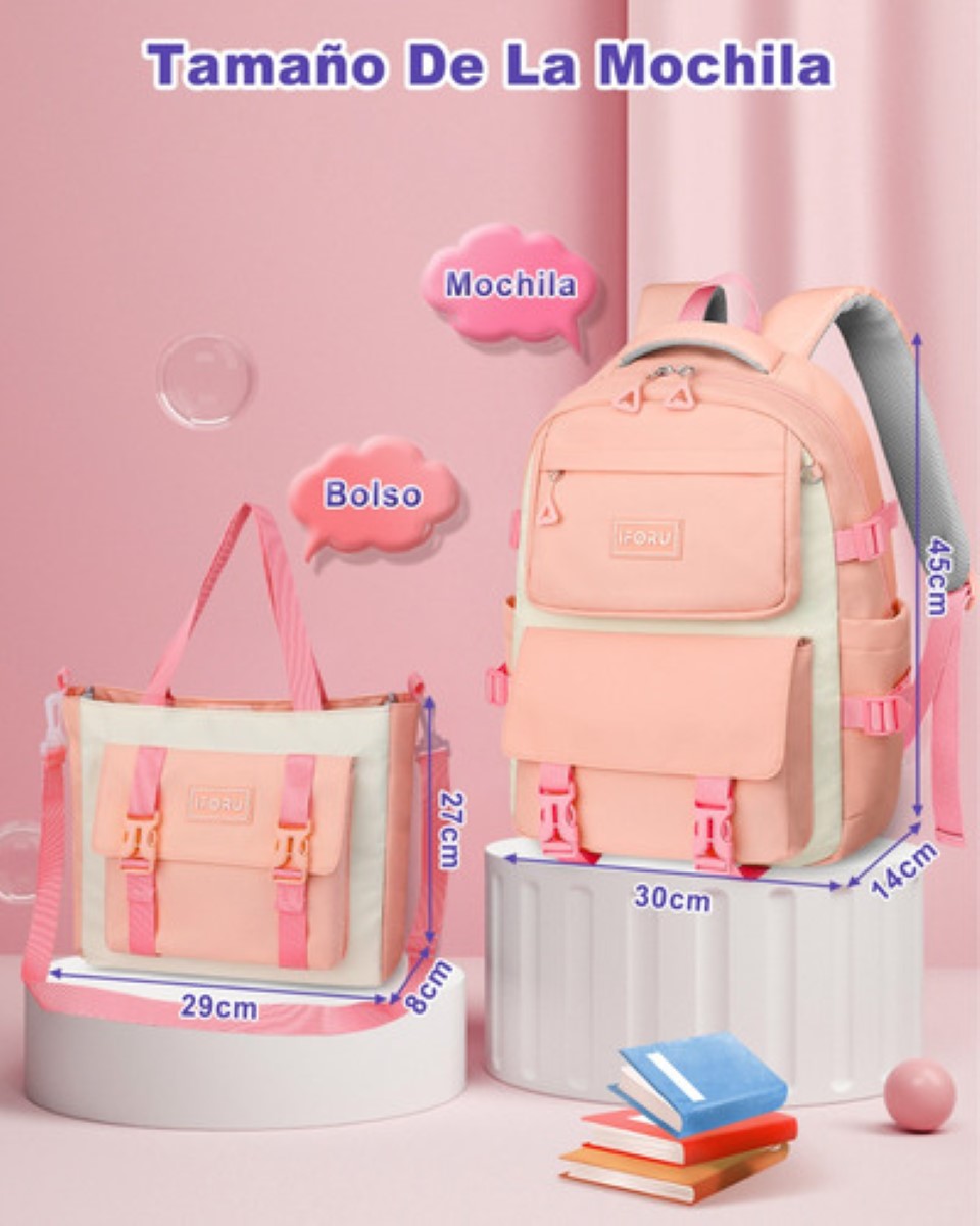 Mochila Escolar Viaje Bolsa Impermeable Mochilas Reforzada 2 En 1 AZUL ROSA