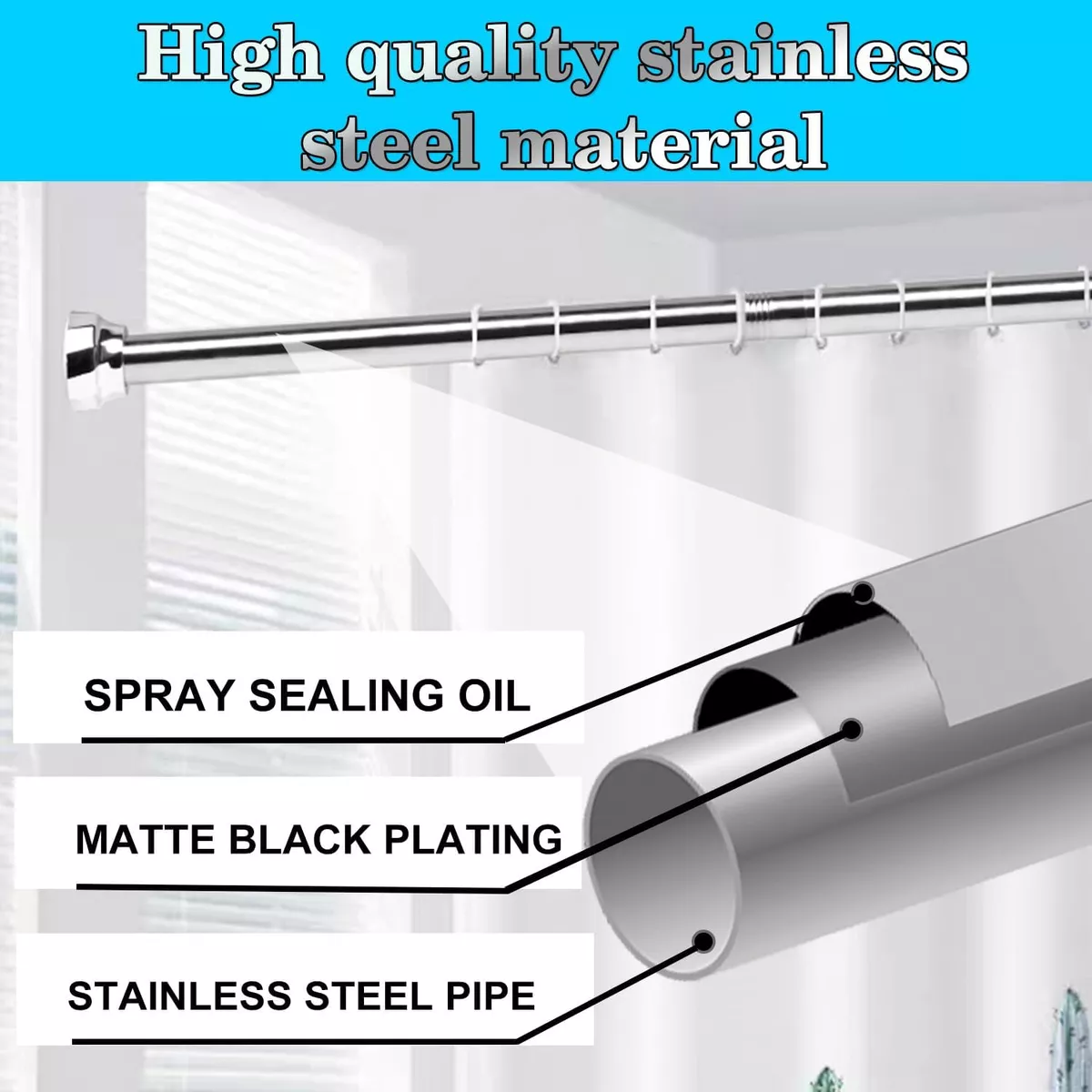 Tubo Ajustable Baño Plata 85-140cm Grande Con 12 Ganchos