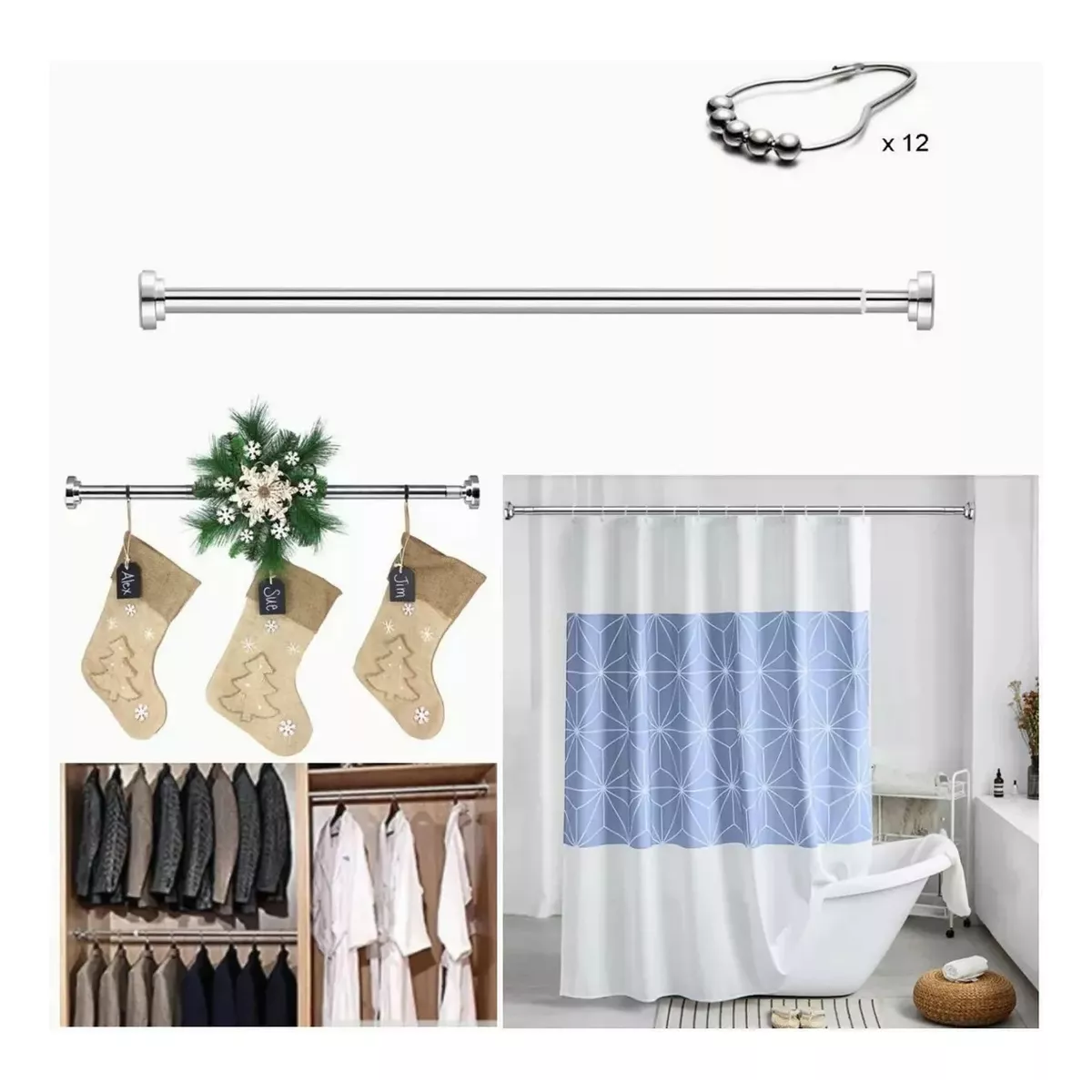 Tubo Ajustable Baño Plata 85-140cm Grande Con 12 Ganchos
