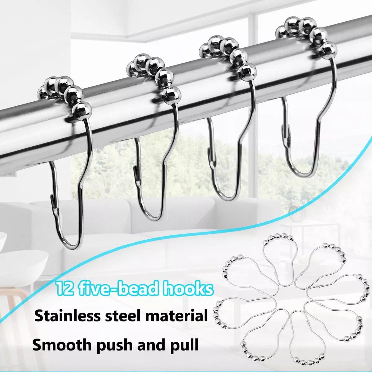 Tubo Ajustable Baño Plata 85-140cm Grande Con 12 Ganchos