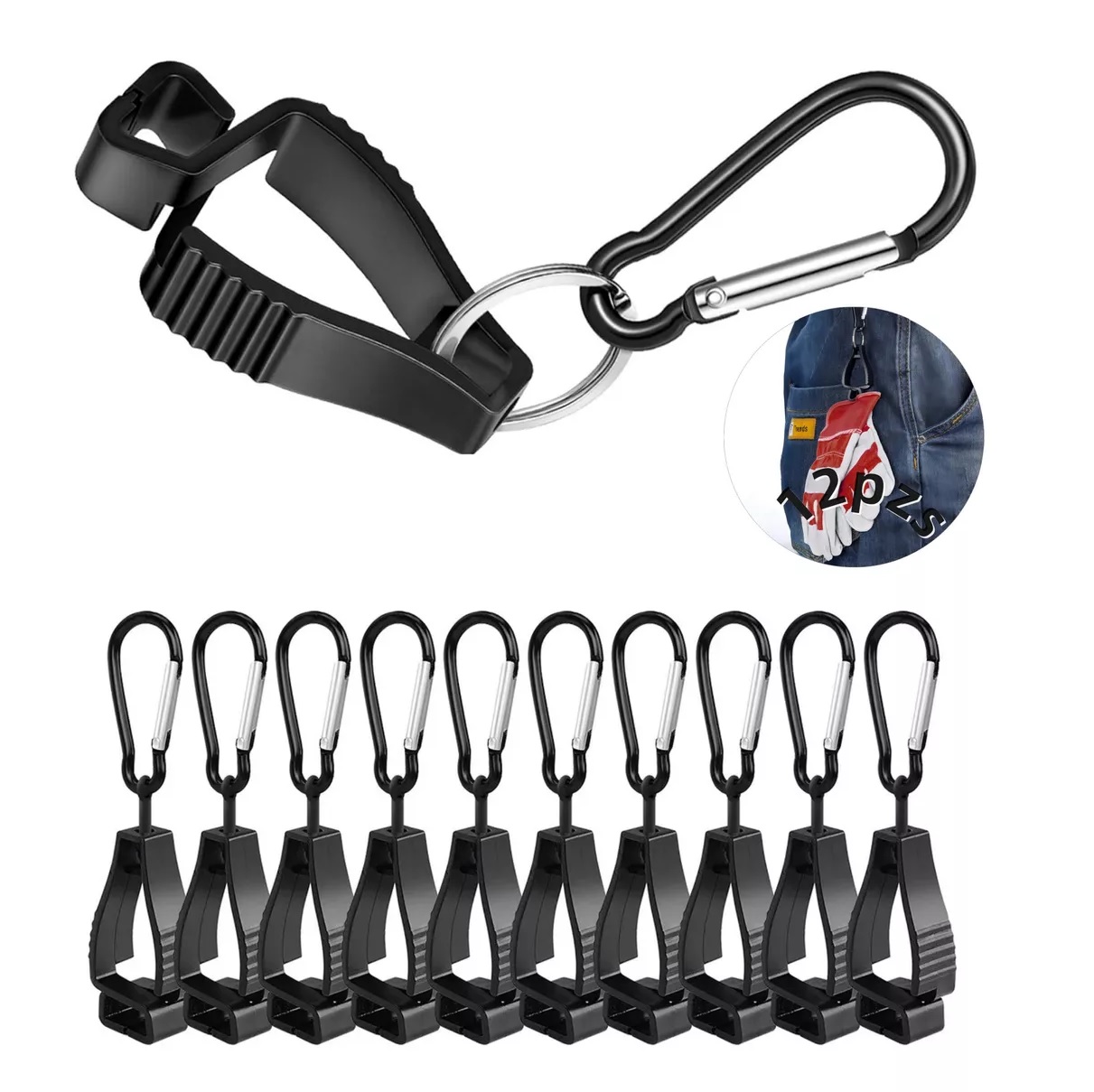 12 Pzs Soporte Clip Para Guantes Trabajo Y Seguridad Negro