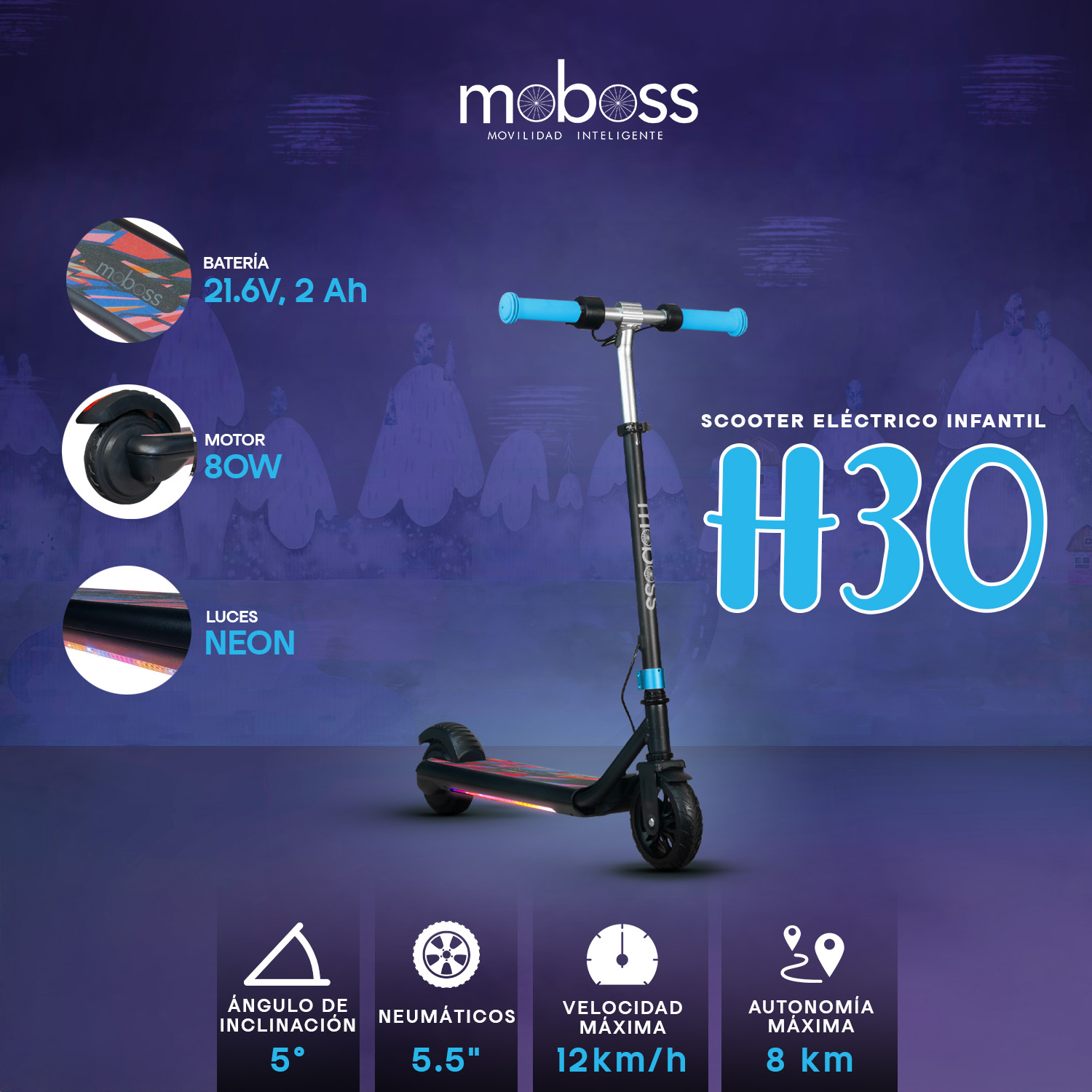 Scooter Eléctrico Infantil Plegable Moboss H30 Max Azul