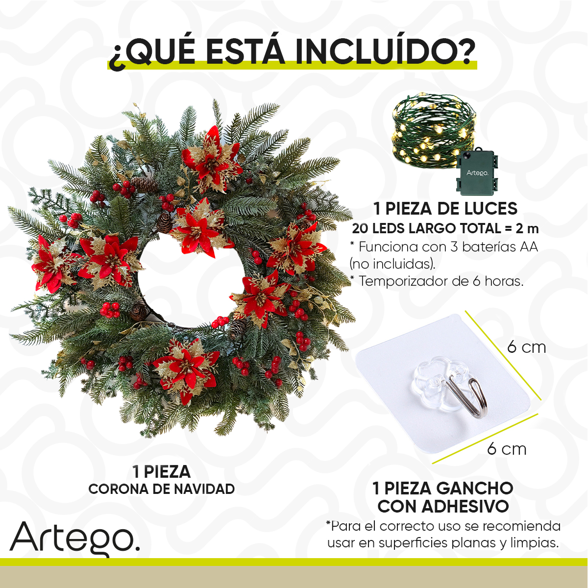 Corona de navidad con luces GREY decorada christmas wreath 50cm diámetro incluye gancho Artego.