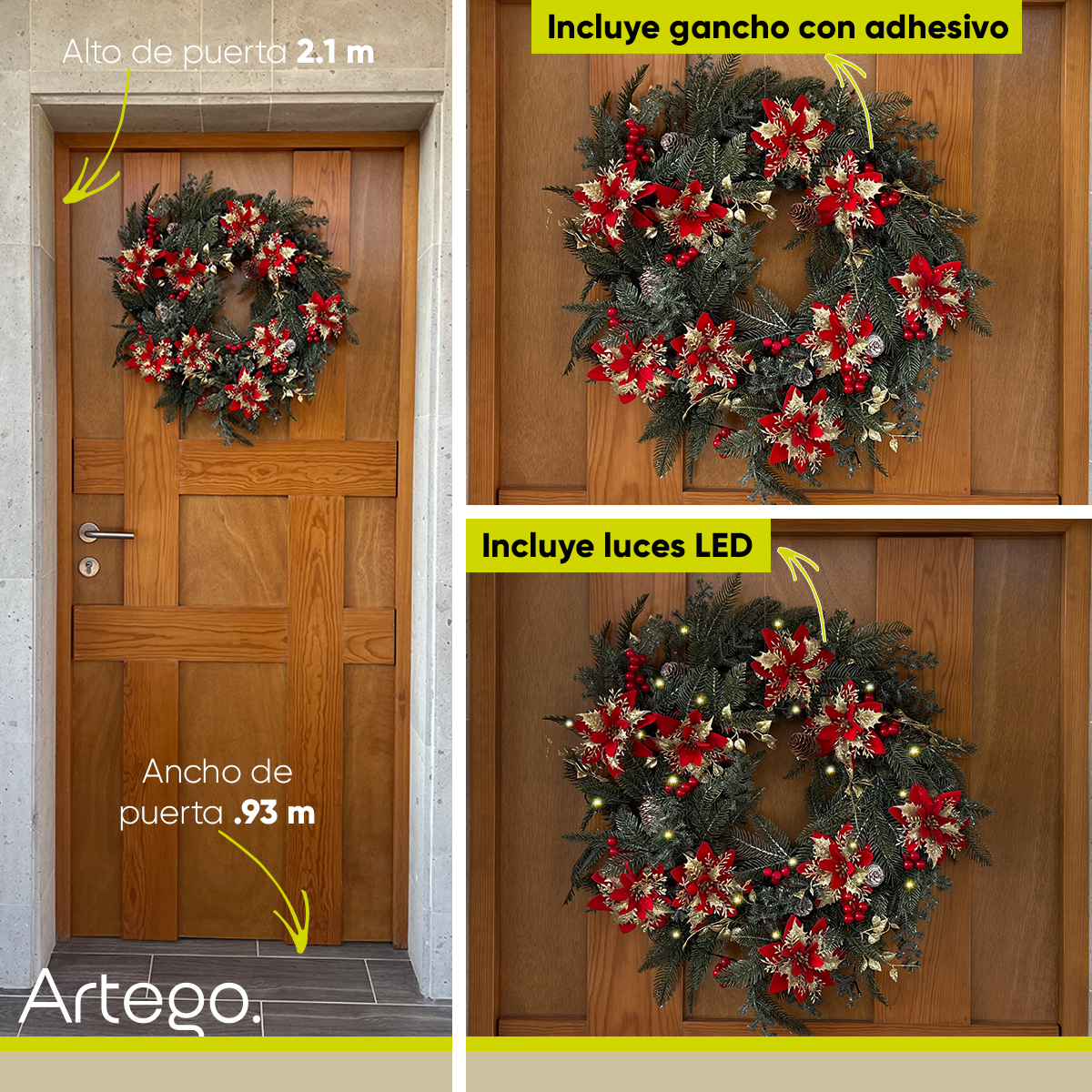Corona de navidad con luces GREY decorada christmas wreath 50cm diámetro incluye gancho Artego.