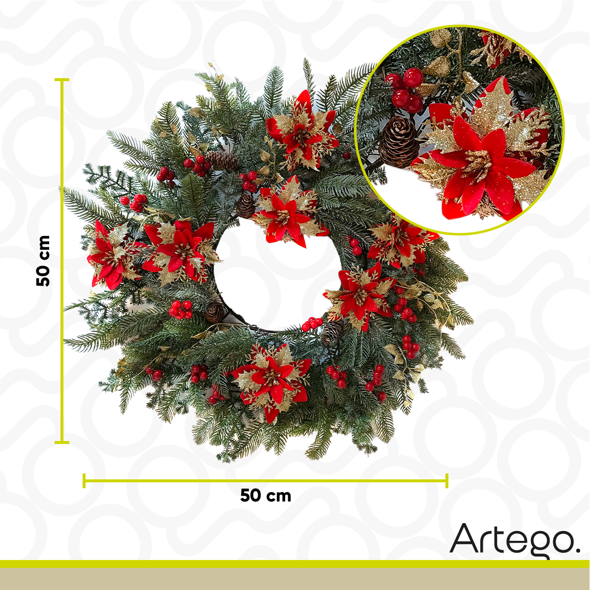 Corona de navidad con luces GREY decorada christmas wreath 50cm diámetro incluye gancho Artego.