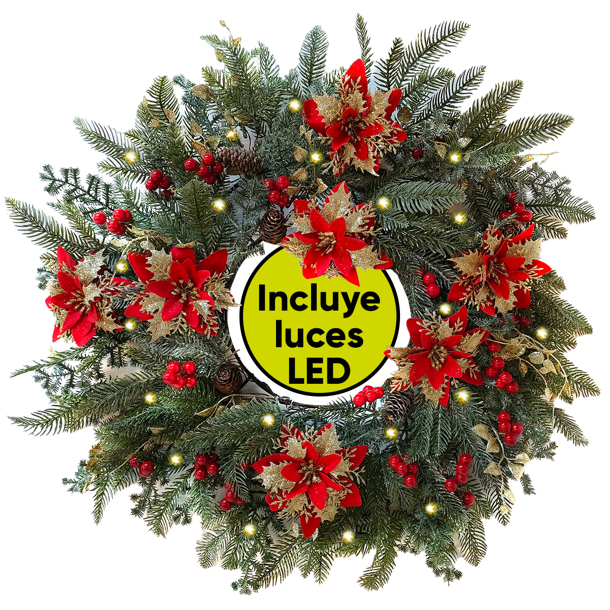 Corona de navidad con luces GREY decorada christmas wreath 50cm diámetro incluye gancho Artego.