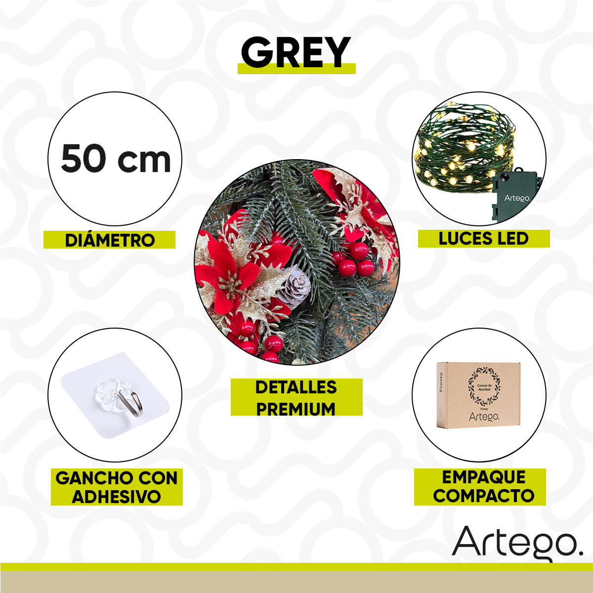 Corona de navidad con luces GREY decorada christmas wreath 50cm diámetro incluye gancho Artego.