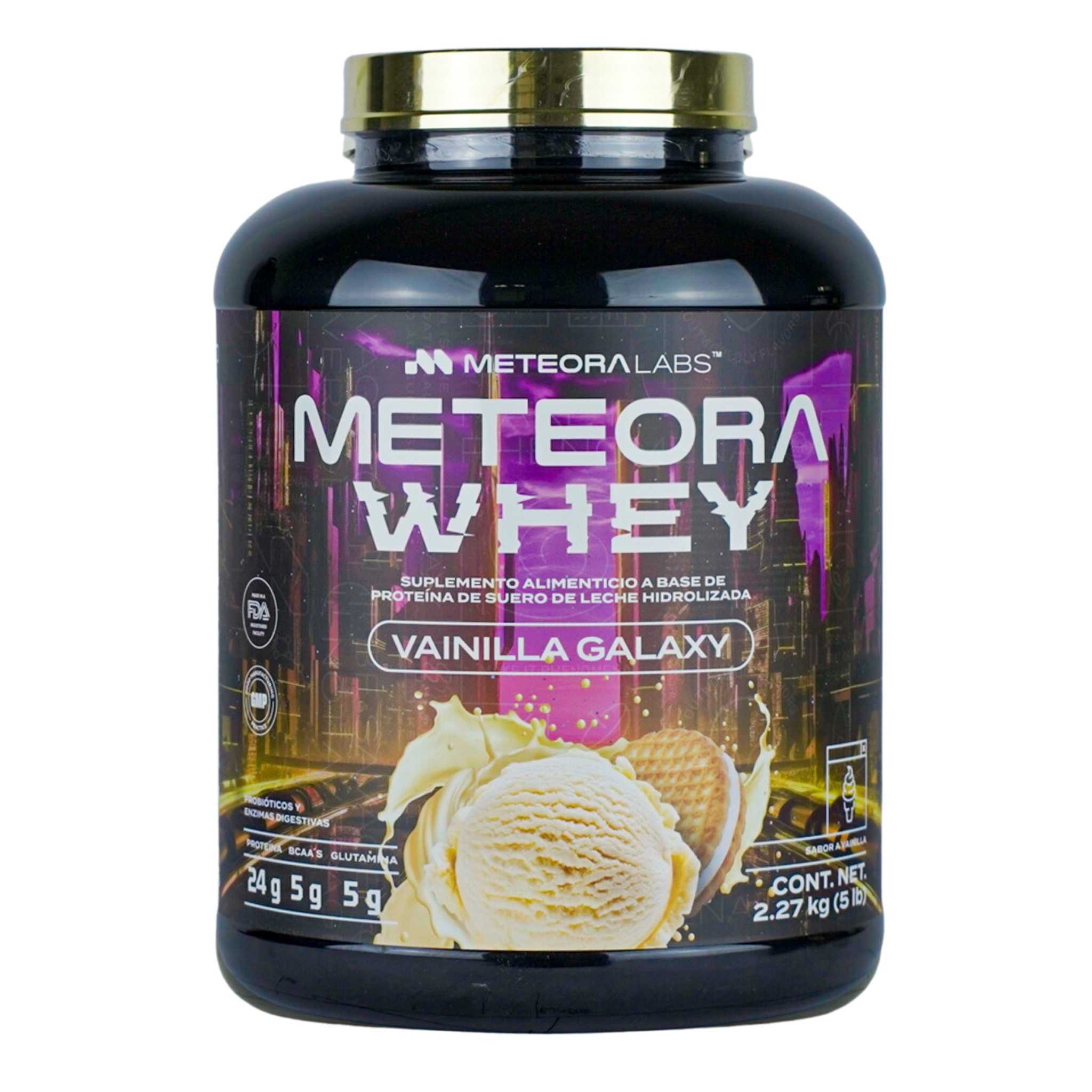 METEORA LABS | 100% Whey protein | Proteína hidrolizada de suero de leche con 24 gr | Baja en carbohidratos | Sin azúcares añadidos | BCAA | Con probióticos y enzimas digestivas | Proteína whey sabor Vainilla | 65 Servicios | 2.27 kg