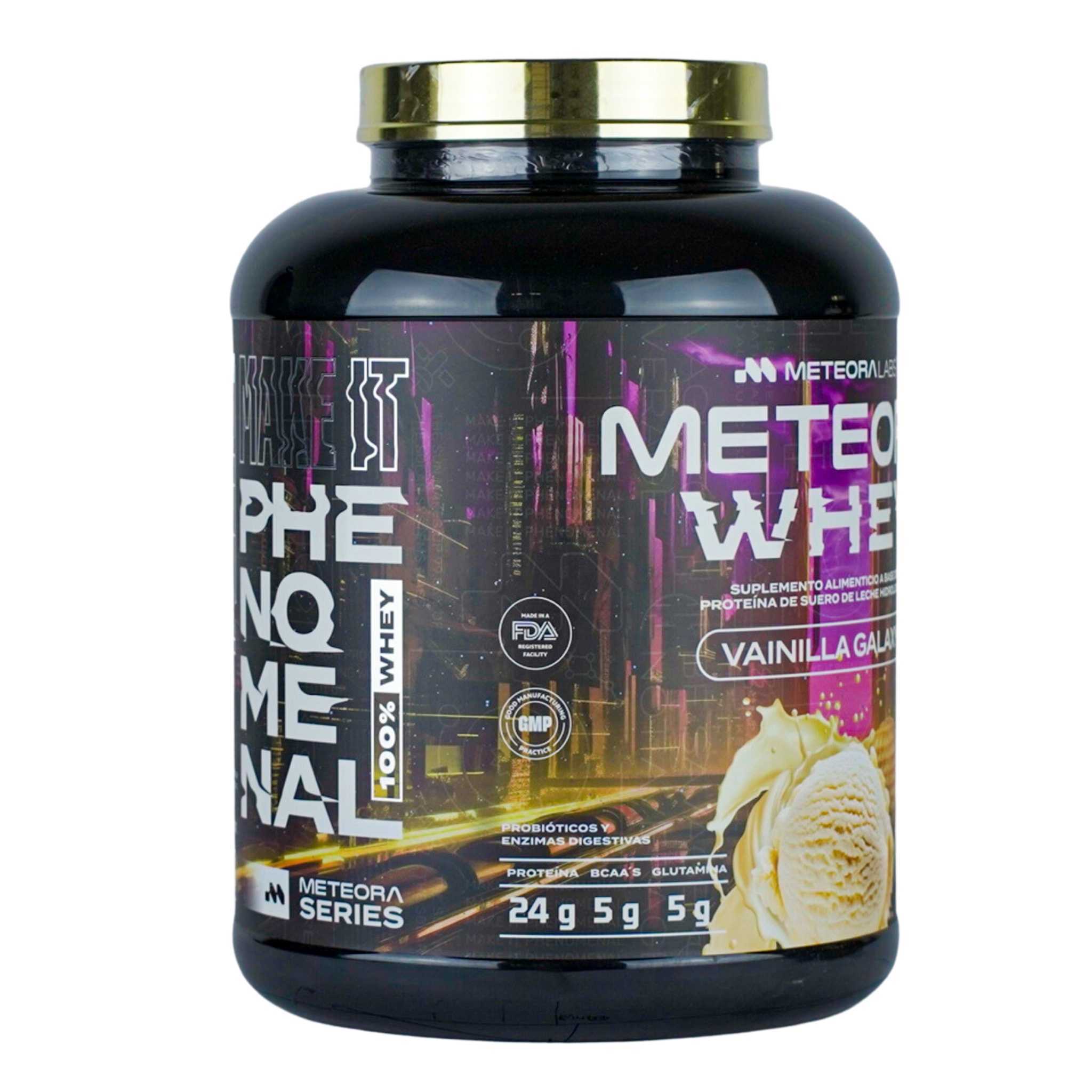 METEORA LABS | 100% Whey protein | Proteína hidrolizada de suero de leche con 24 gr | Baja en carbohidratos | Sin azúcares añadidos | BCAA | Con probióticos y enzimas digestivas | Proteína whey sabor Vainilla | 65 Servicios | 2.27 kg