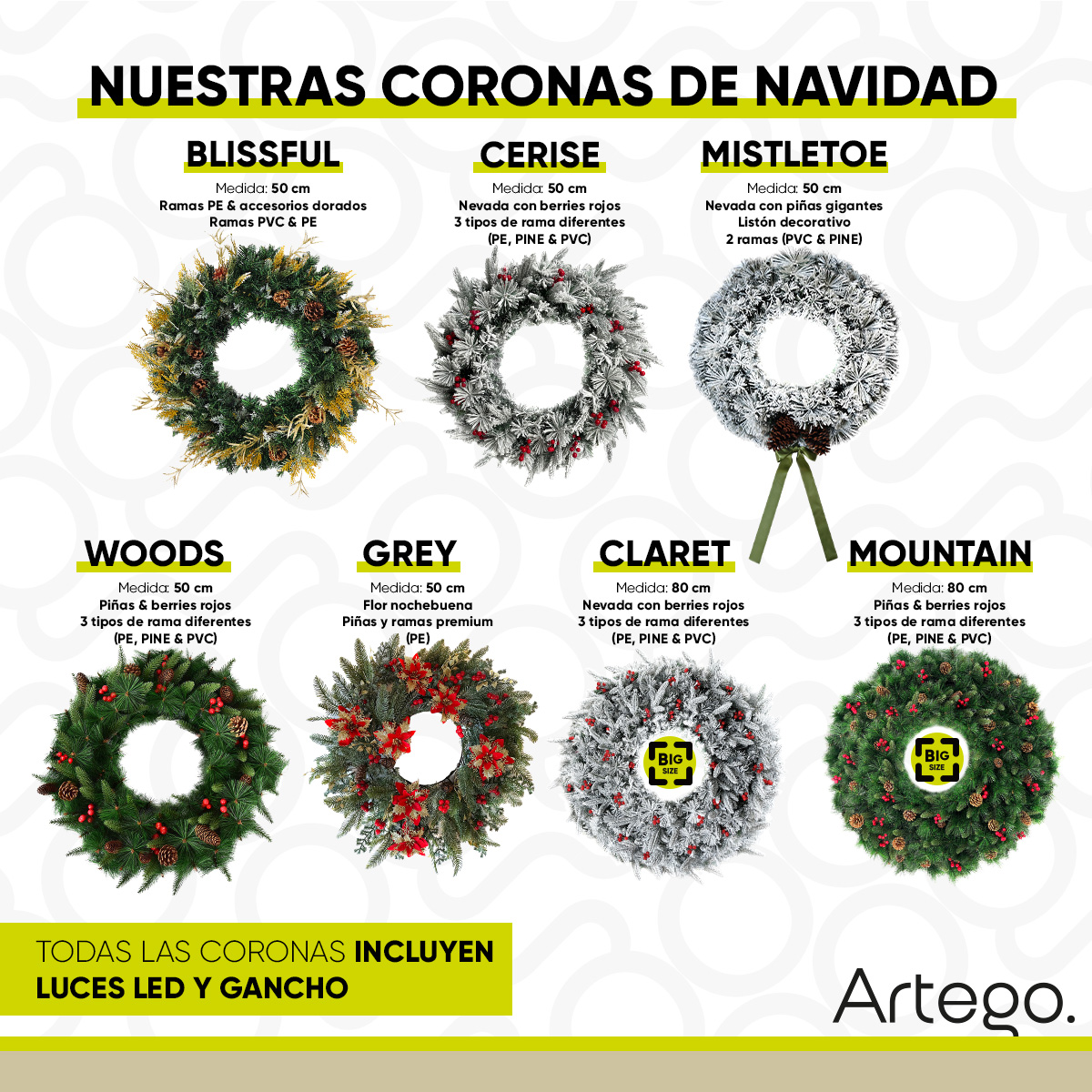Corona de Navidad 80cm Huge big size Iluminada piñas con berries y ramas premium Mountain Luces LED Cálida Decorada toque natural Cerezas