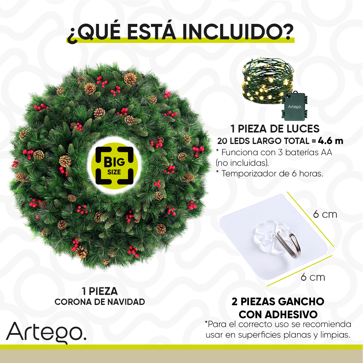 Corona de Navidad 80cm Huge big size Iluminada piñas con berries y ramas premium Mountain Luces LED Cálida Decorada toque natural Cerezas