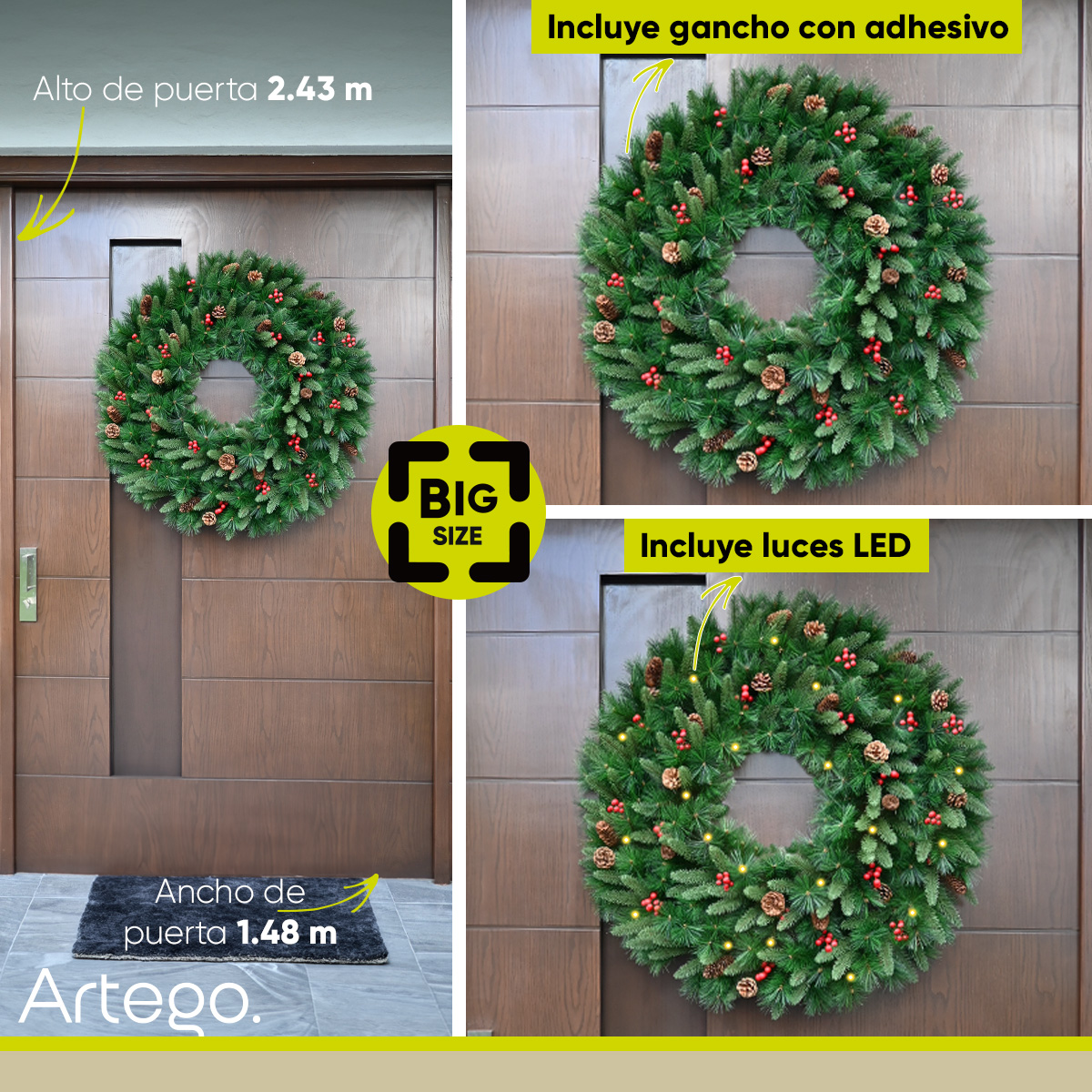 Corona de Navidad 80cm Huge big size Iluminada piñas con berries y ramas premium Mountain Luces LED Cálida Decorada toque natural Cerezas