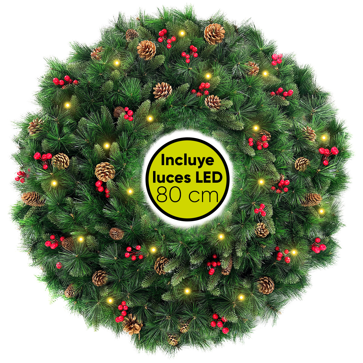 Corona de Navidad 80cm Huge big size Iluminada piñas con berries y ramas premium Mountain Luces LED Cálida Decorada toque natural Cerezas