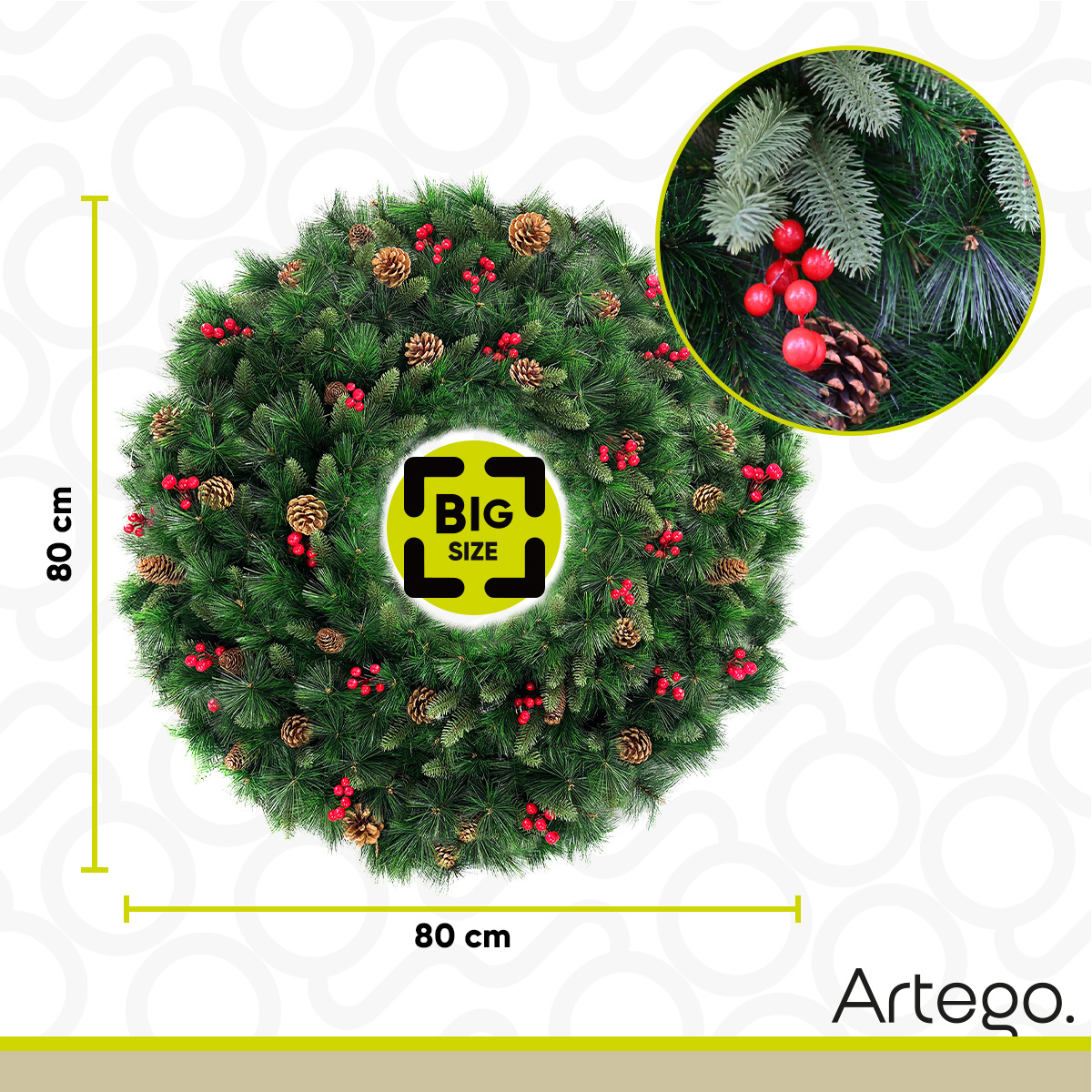 Corona de Navidad 80cm Huge big size Iluminada piñas con berries y ramas premium Mountain Luces LED Cálida Decorada toque natural Cerezas