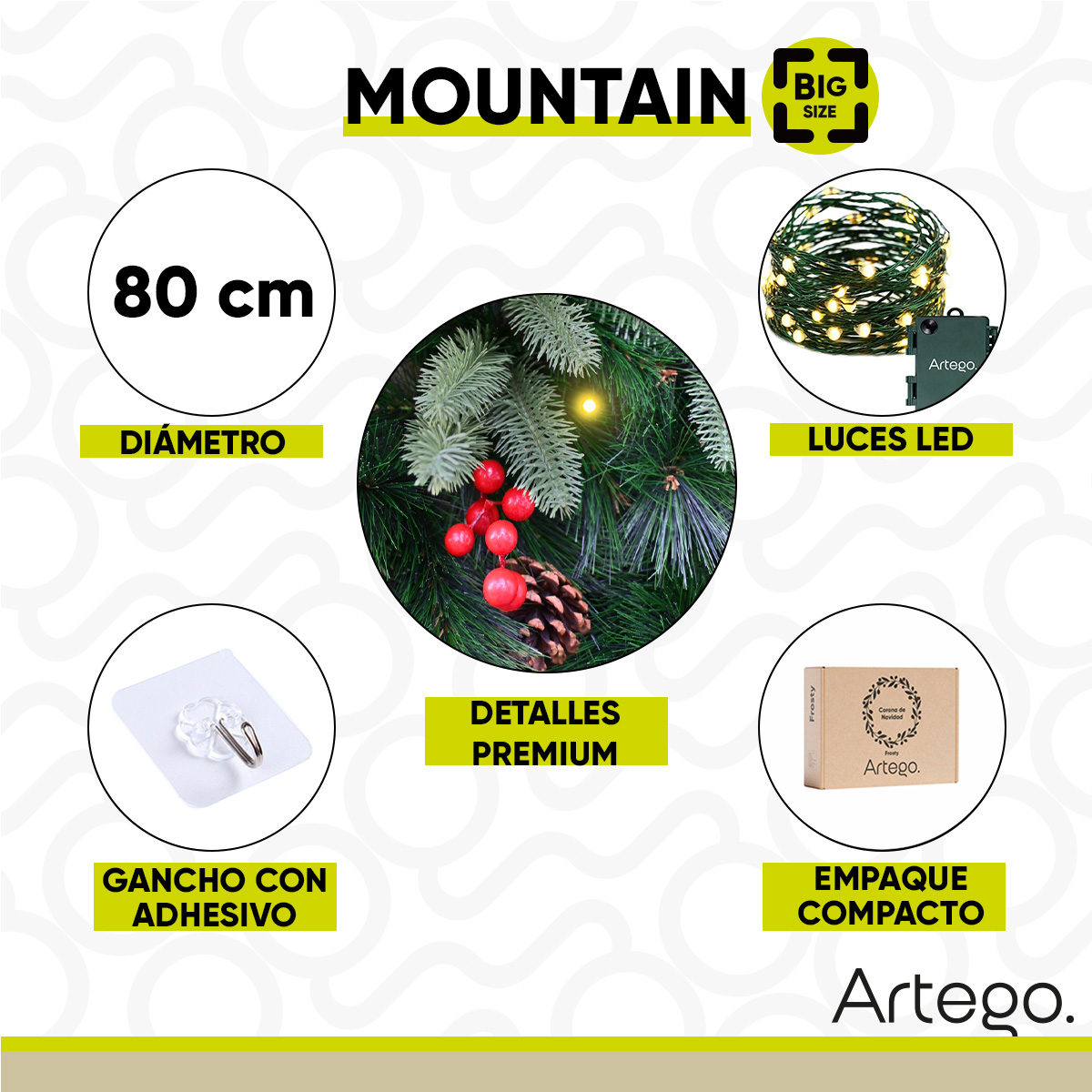 Corona de Navidad 80cm Huge big size Iluminada piñas con berries y ramas premium Mountain Luces LED Cálida Decorada toque natural Cerezas
