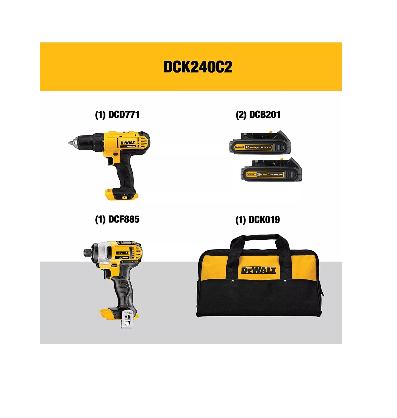 Kit Combinado de 2 Herramientas Dewalt (Taladro/Atornillador DCD771 y Atornillador de Impacto DCF885) 20V Max