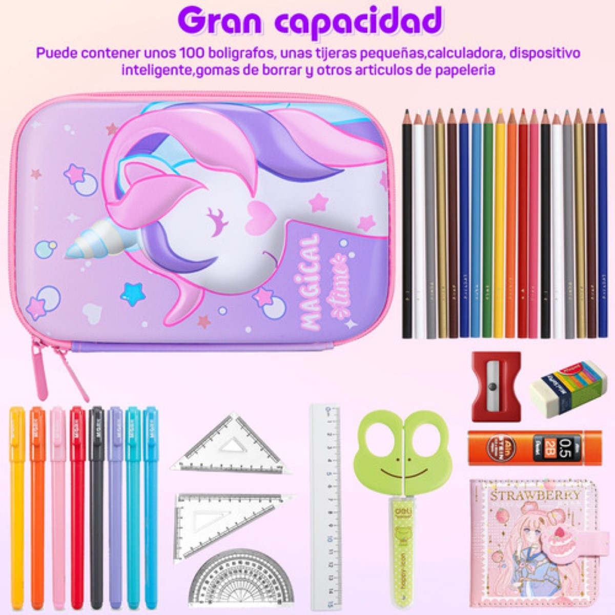 Lapicera Estuche Gran Capacidad 3d Eva Organizador ROSA UNICORNIO