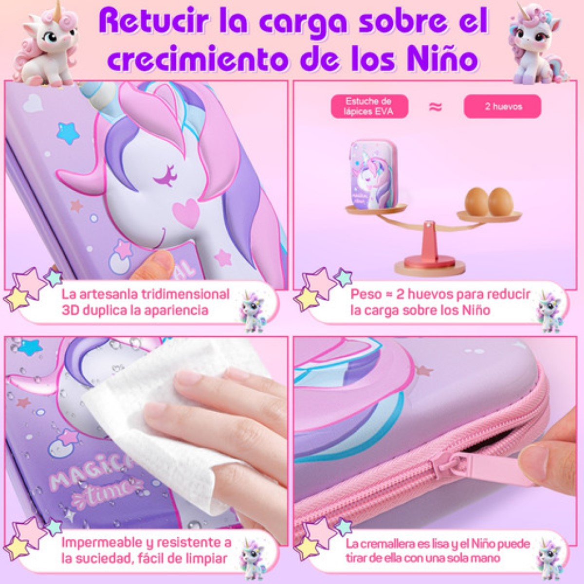 Lapicera Estuche Gran Capacidad 3d Eva Organizador ROSA UNICORNIO