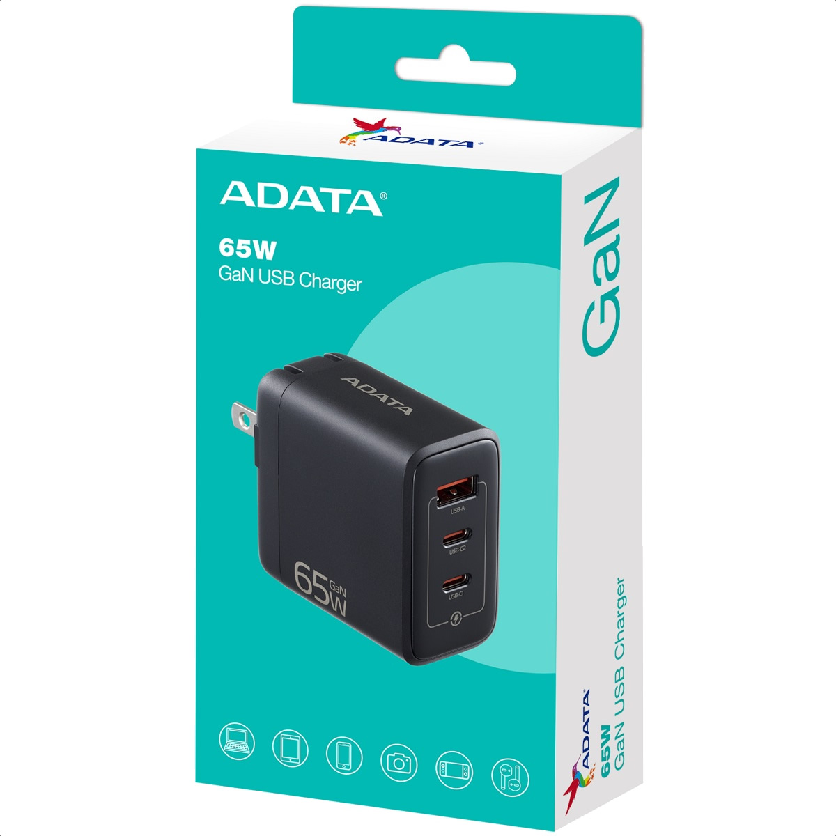 Cargador de Pared Adata GaN 65W 1x USB-A 2x USB-C Negro CHARGERU-0653-QCPDBK