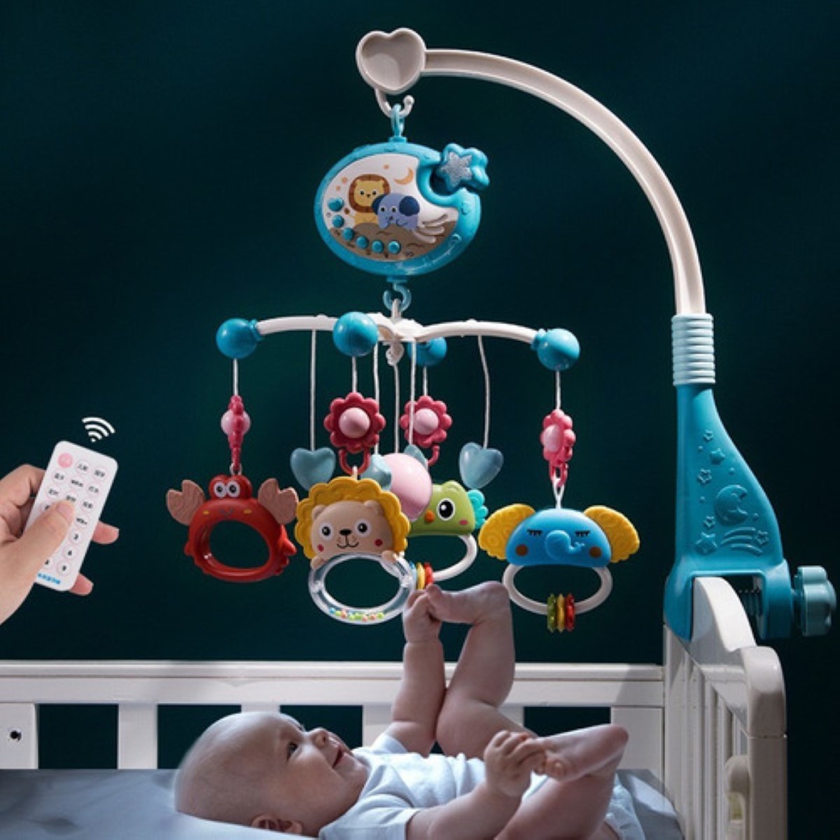 Brazo Móvil Musical Para Cuna Sonajero Giratoria Proyector AZUL