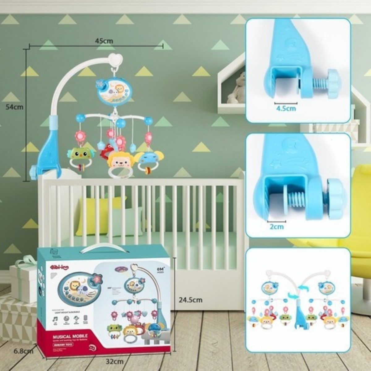 Brazo Móvil Musical Para Cuna Sonajero Giratoria Proyector AZUL